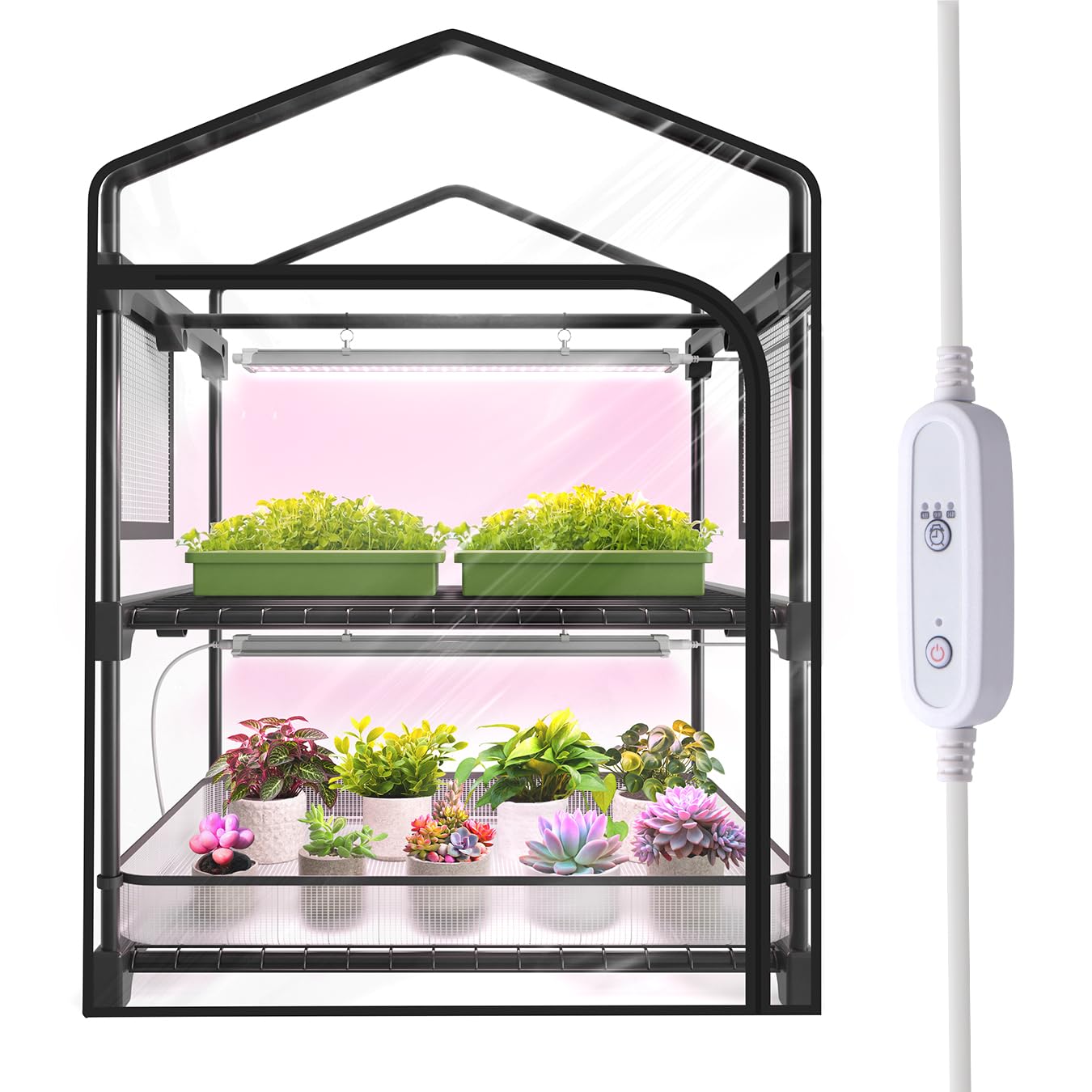 Oyezvary Mini Indoor Greenhouse with Grow Light 2-Tier Plant Stand PVC ...