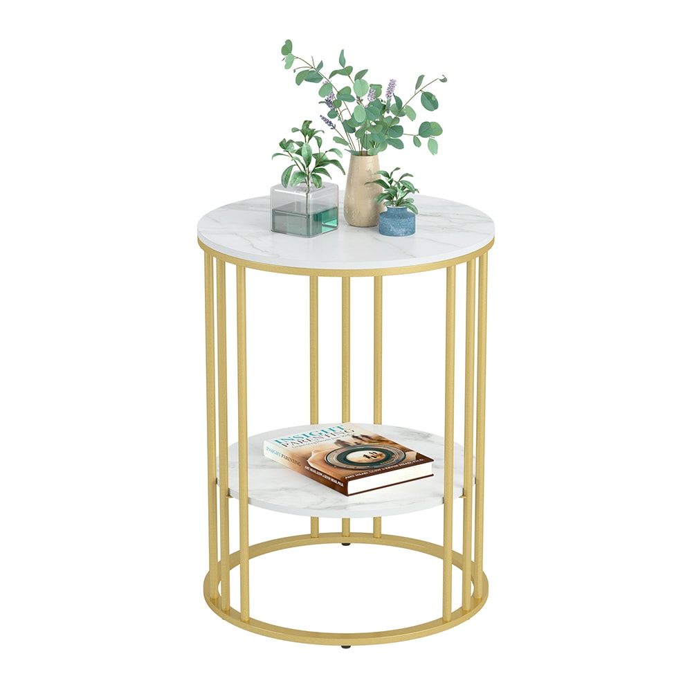 LUVODI JJ-XZ218-GD 15.7-in W x 21.25-in H White Stone Round Modern End Table with Storage Assembly Required