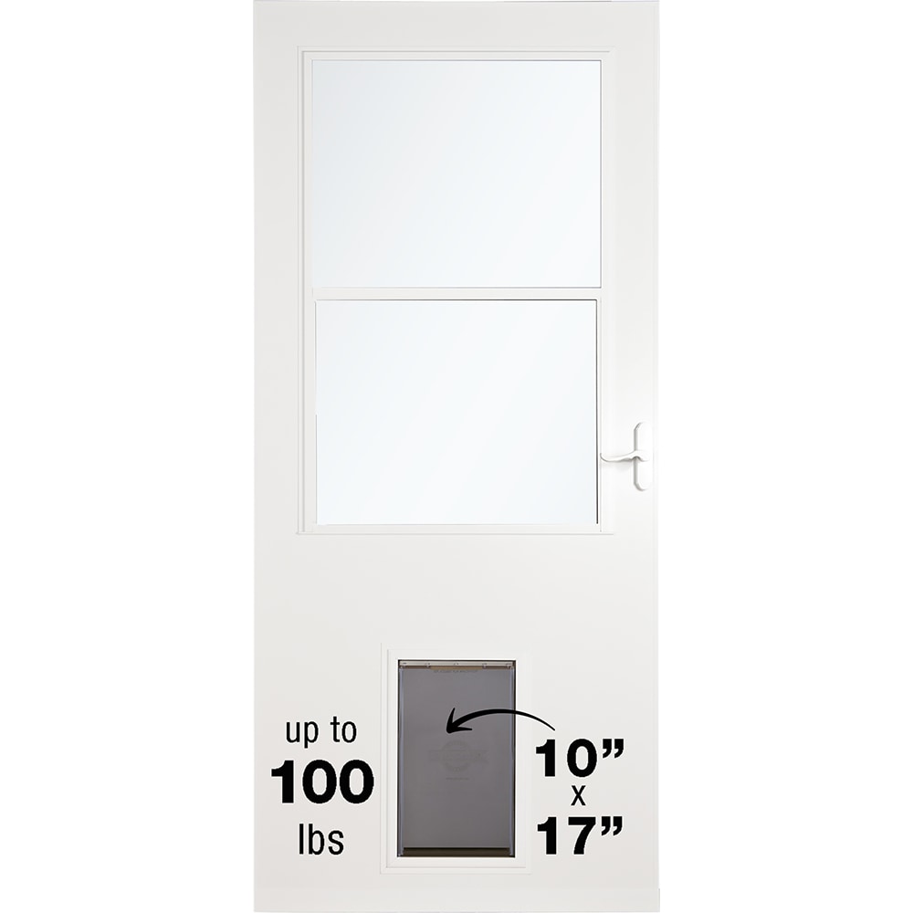 LARSON Pet Door 32 in x 81 in White Wood Core Storm Door High view with Self storing Screen White Handle Included in the Storm Doors department at Lowes