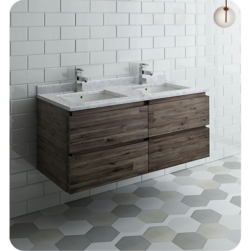 Transitional 48" Double Sink Wall-Mounted Vanity in Brown with Quartz Top