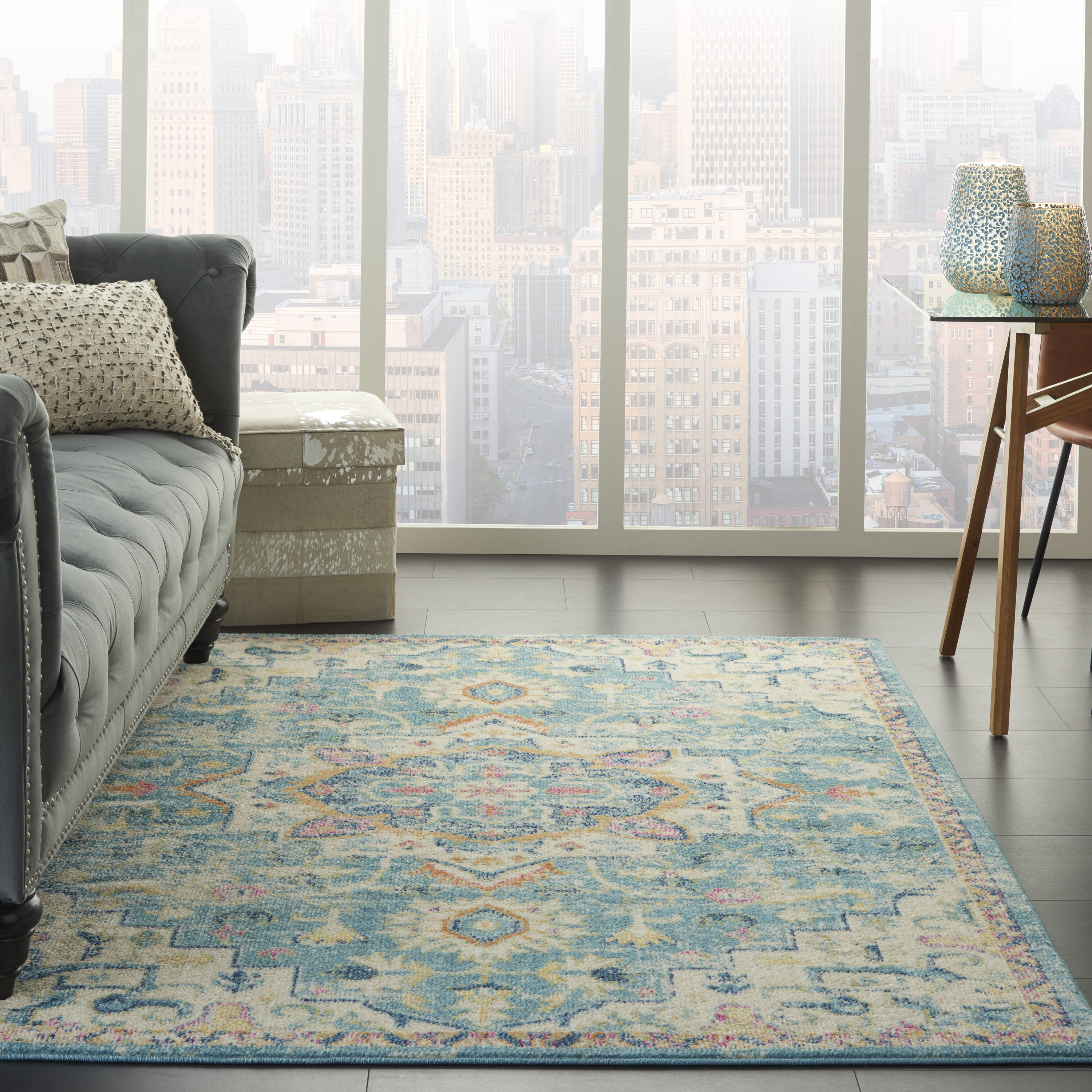 Nourison 99446747990 Passion 5 x 8 (ft) Loomed Polypropylene Ivory/light blue Rectangular Indoor Abstract Area rug