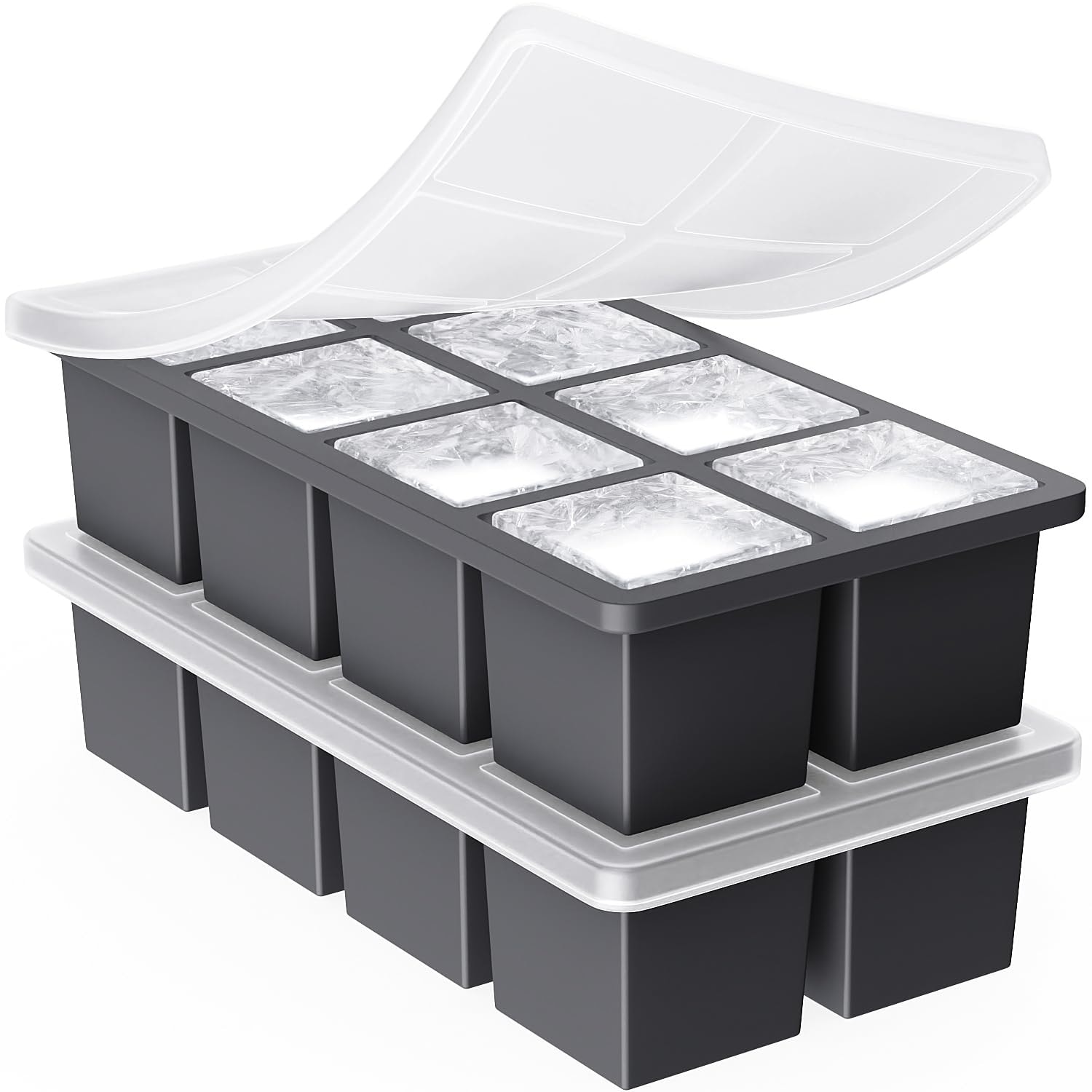 Anqtovp  Large Ice Cube Trays 2 Inch Silicone Square Ice Maker with Lid Easy Release Stackable Design for Whiskey Cocktails and Mixed Drinks
