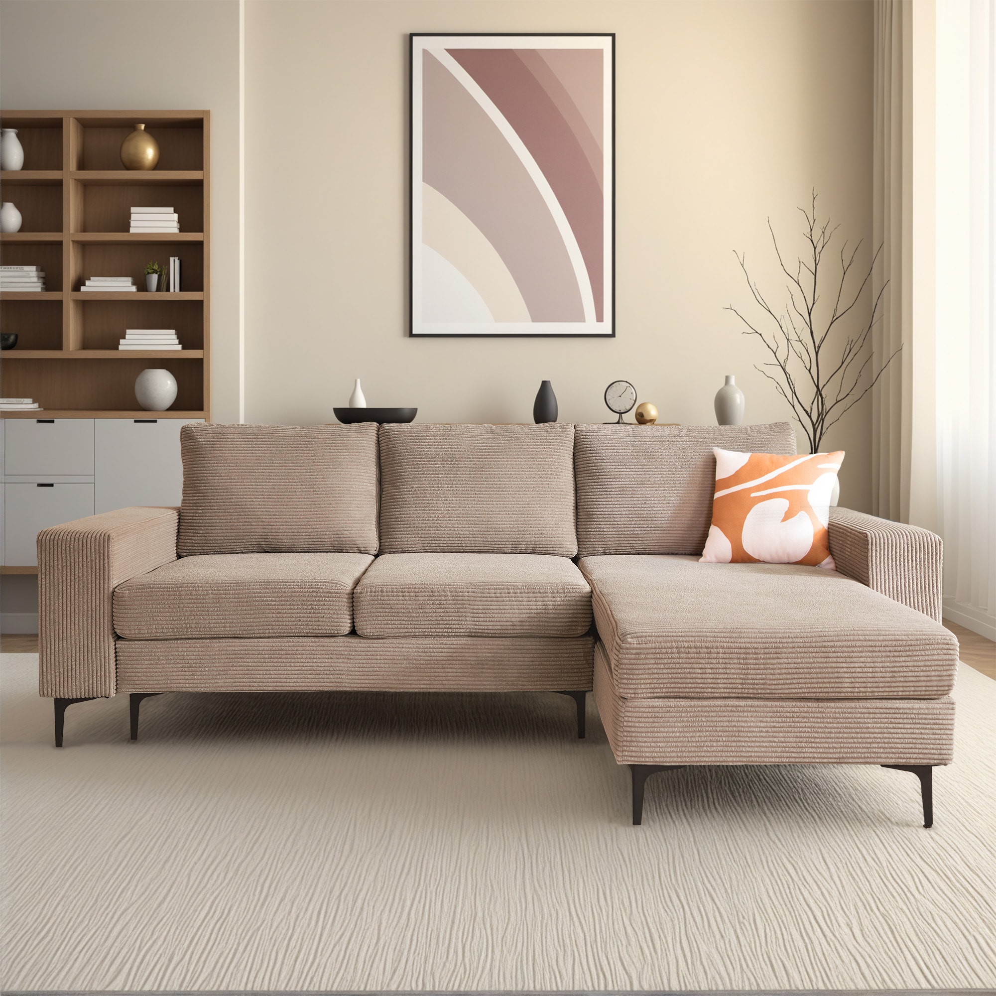 ALTRIGUS 6L-COCOR800-AL 97-Inches Modern Right Chaise Corduroy Camel 3 -seater Sofa