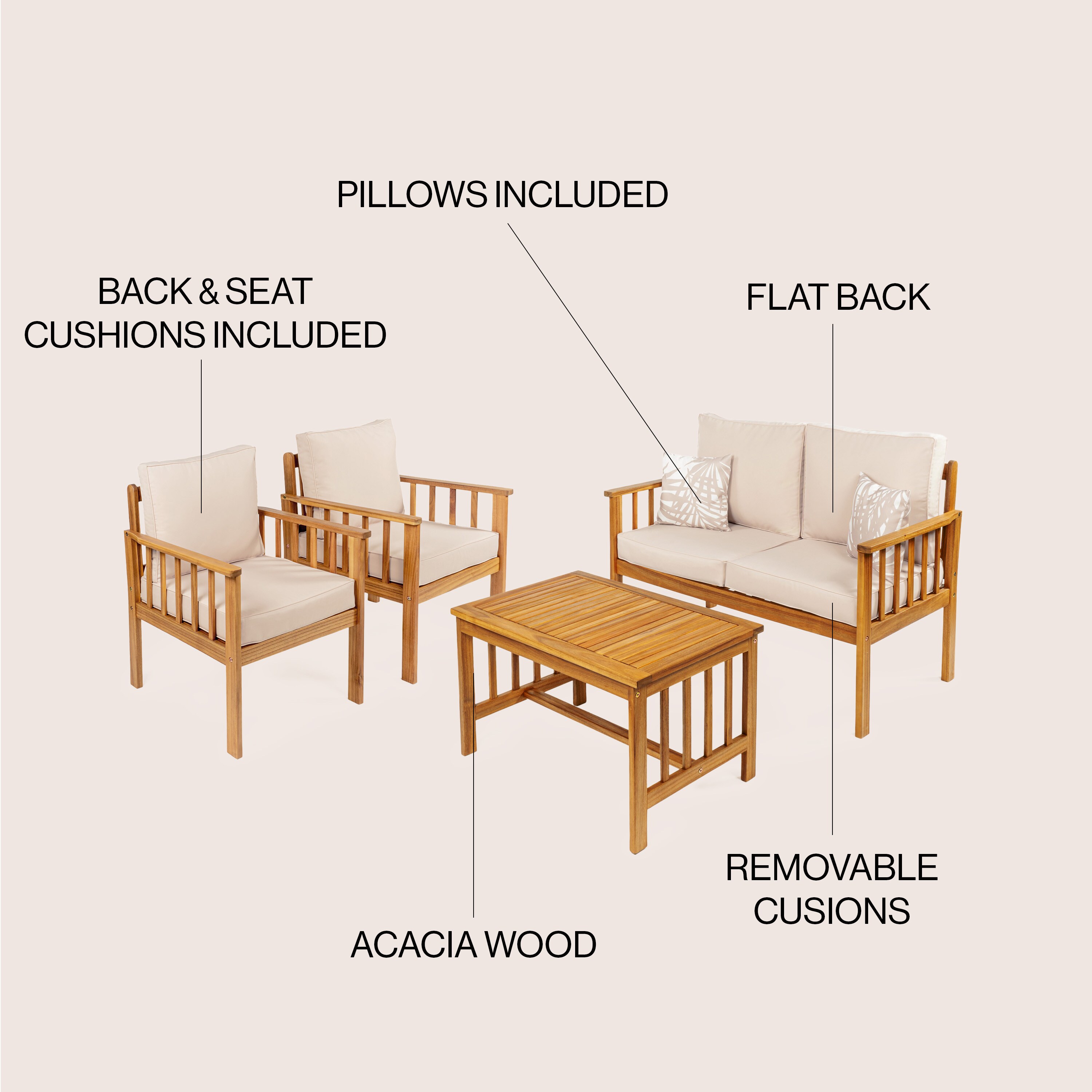 Everly 4-Piece Beige Acacia Wood Outdoor Patio Set