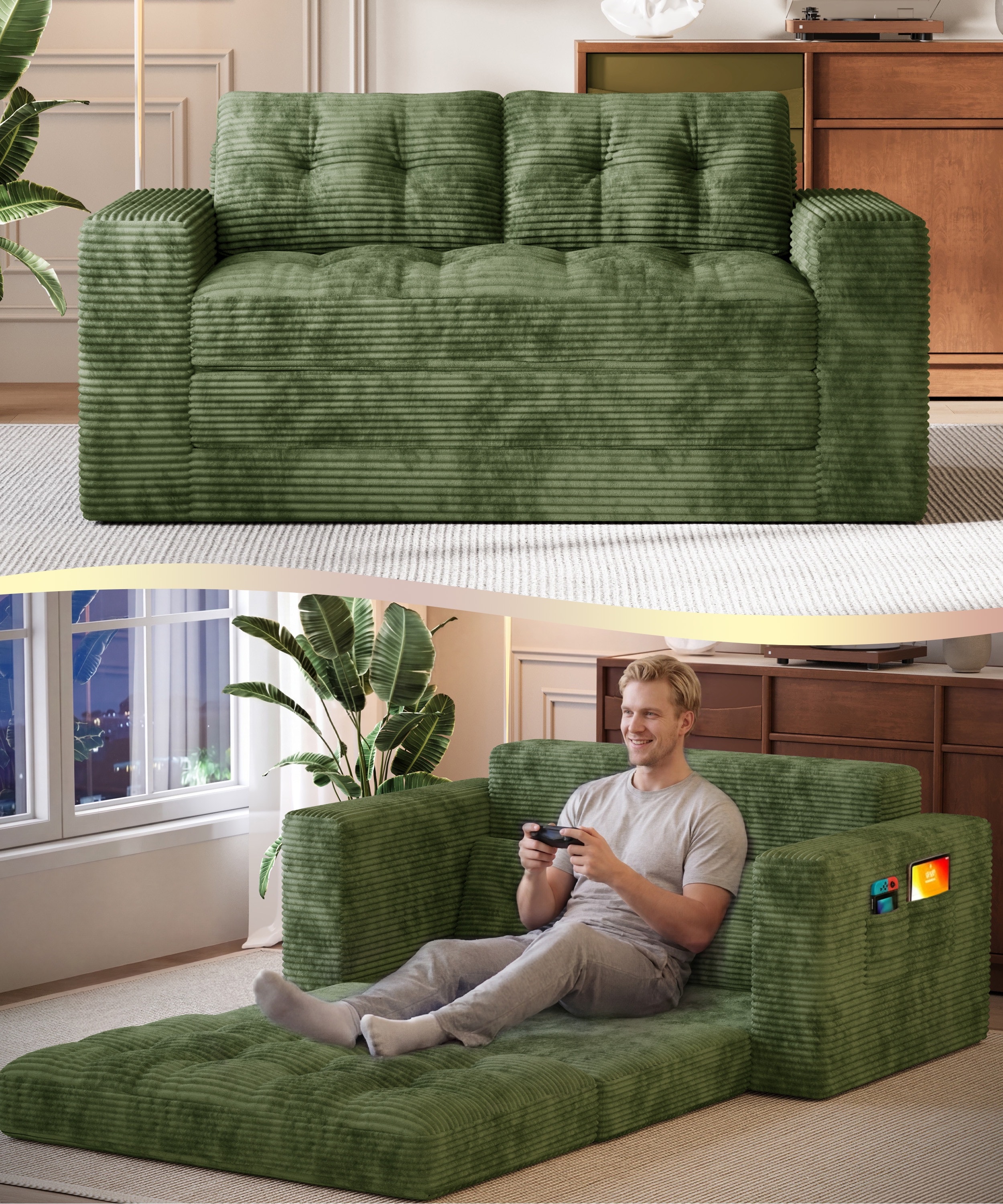 Lofka Boneless Convertible Floor Sofa Bed 59-Inch Folding Loveseat Couch for Small Spaces Corduroy 2 Seater Lounge Sleeper with 2 Pillows Pockets for Living Room Bedroom Apartment No Assembly - Green