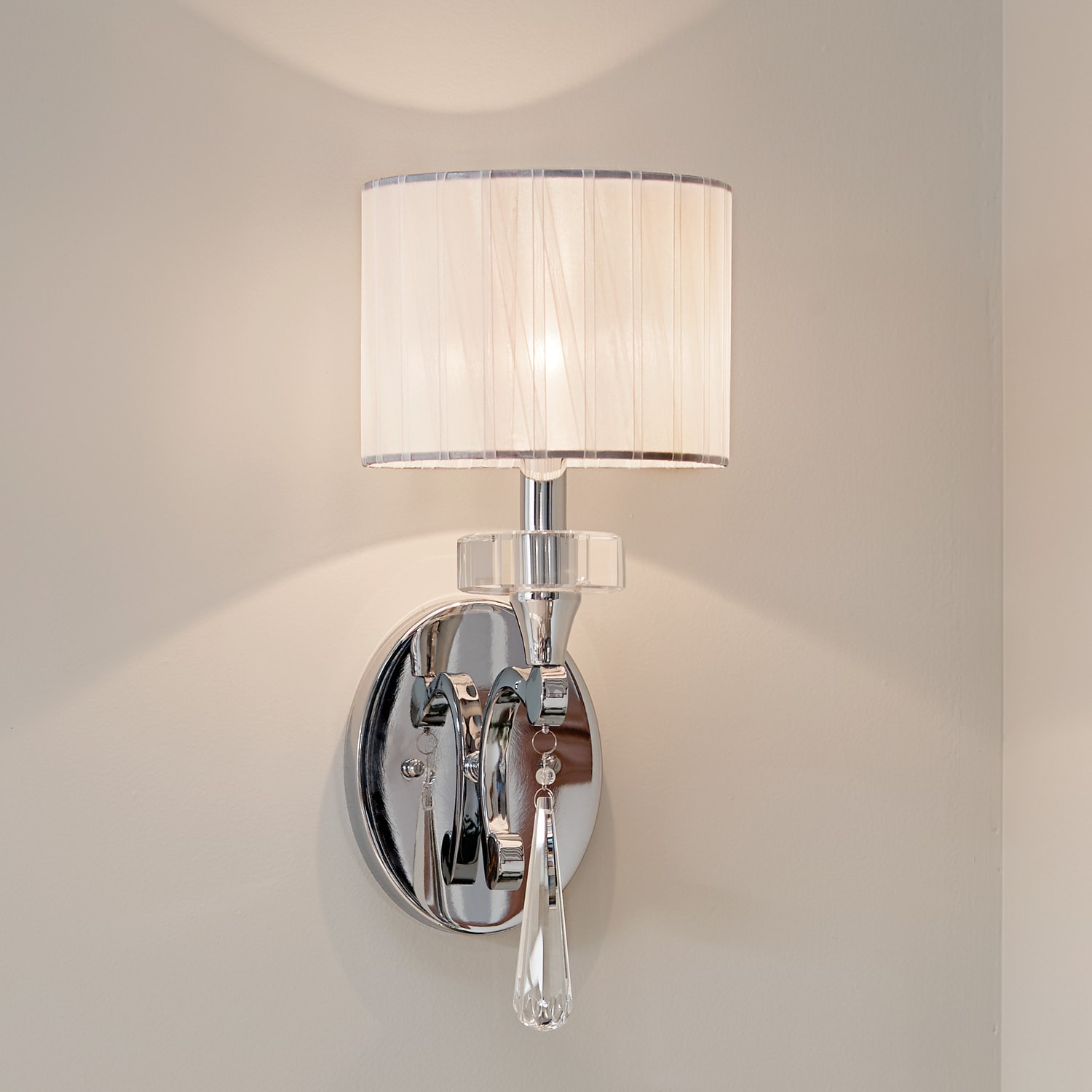 Chrome and White Fabric Shade Wall Sconce with Crystal Accents