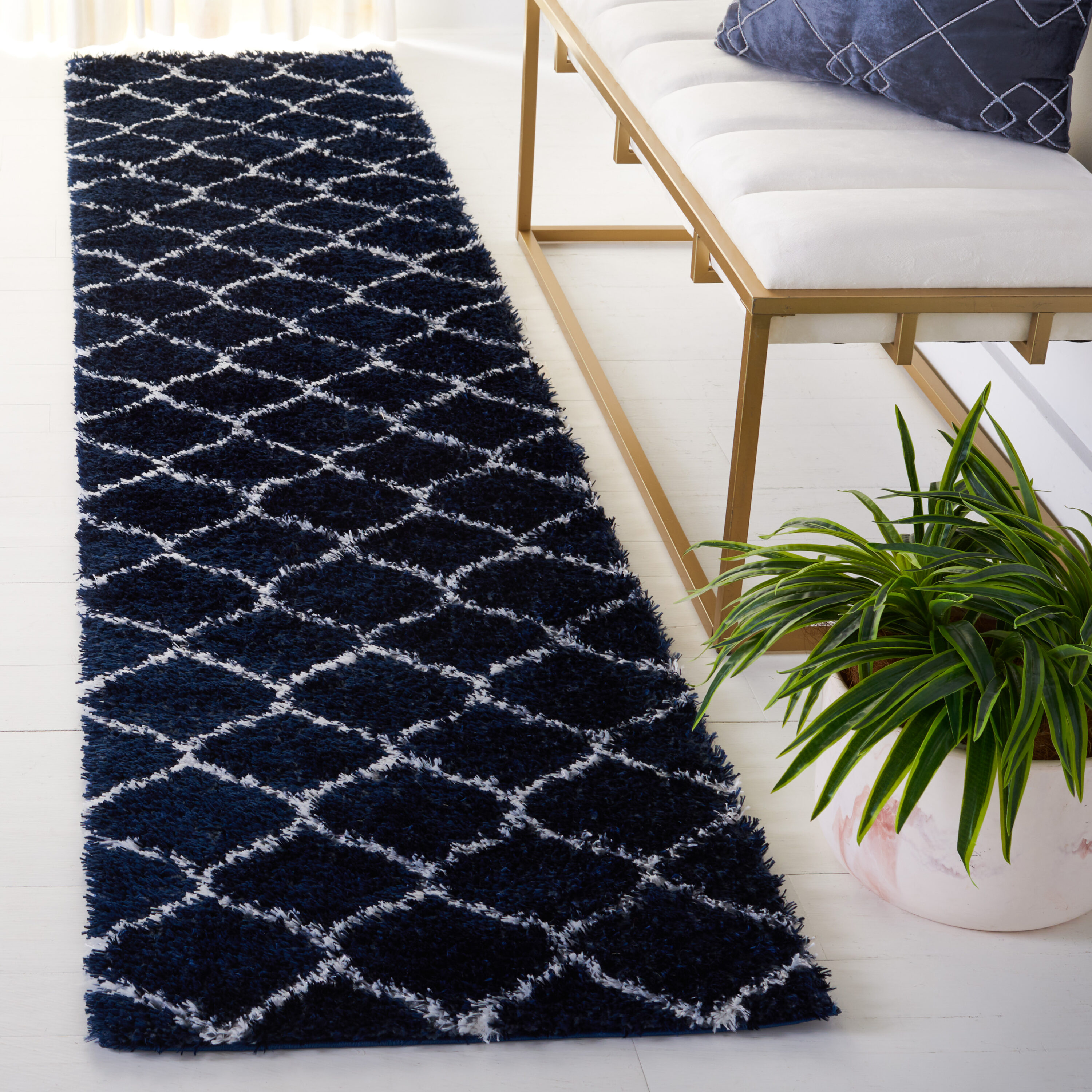 Navy and White Geometric Shag Runner Rug 2' x 9'