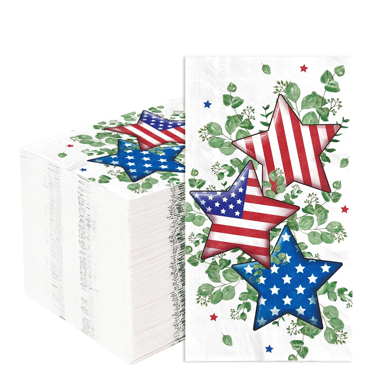 Misopily  100 pcs Patriotic Guest Napkins 3 Ply Disposable Paper Hand Towels Eucalyptus Star Design for Fourth of July Independence Day Memorial