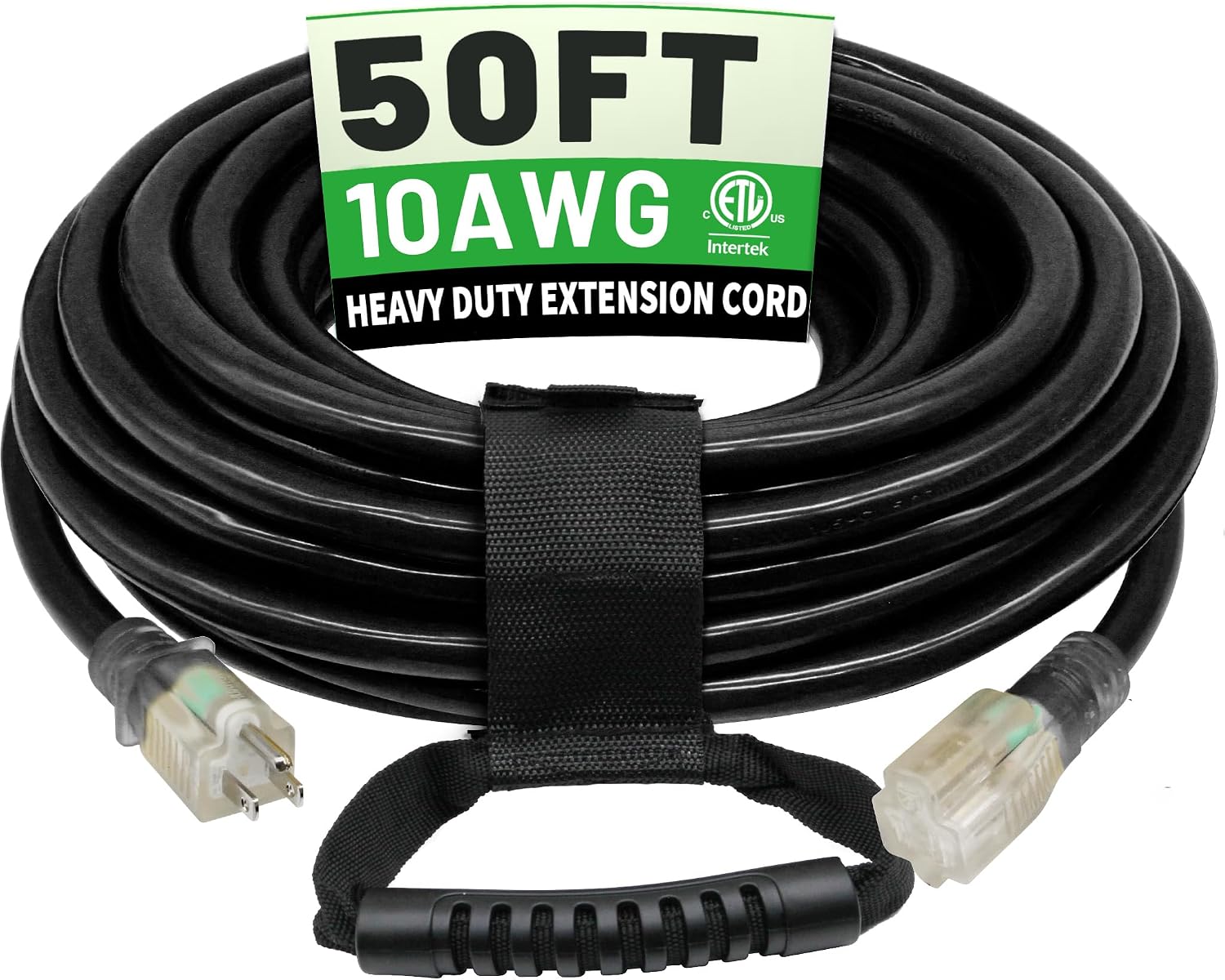 POWGRN - 50 Ft 10AWG Outdoor Extension Cord Waterproof Heavy Duty Black 10 Gauge 3 Prong Flexible...