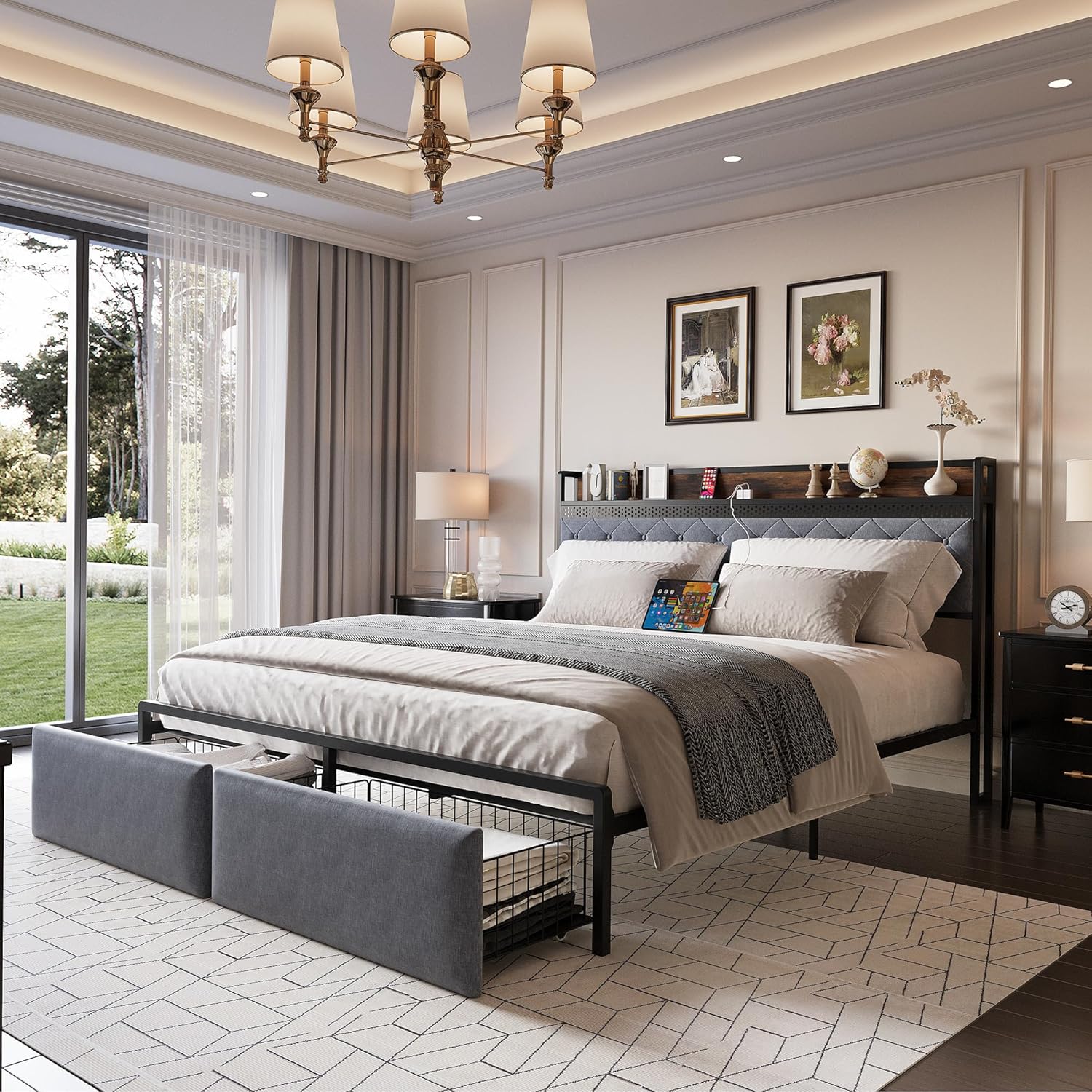 Qeetex LHF-BED-PHO-0YDY6TVN Full Bed Frame with RGB LED Lights Headboard and 2 Storage Drawers Storage Headboard Upholstered Platform Bed with USB Ports and Outlets Noise Free No Box Spring Needed Grey