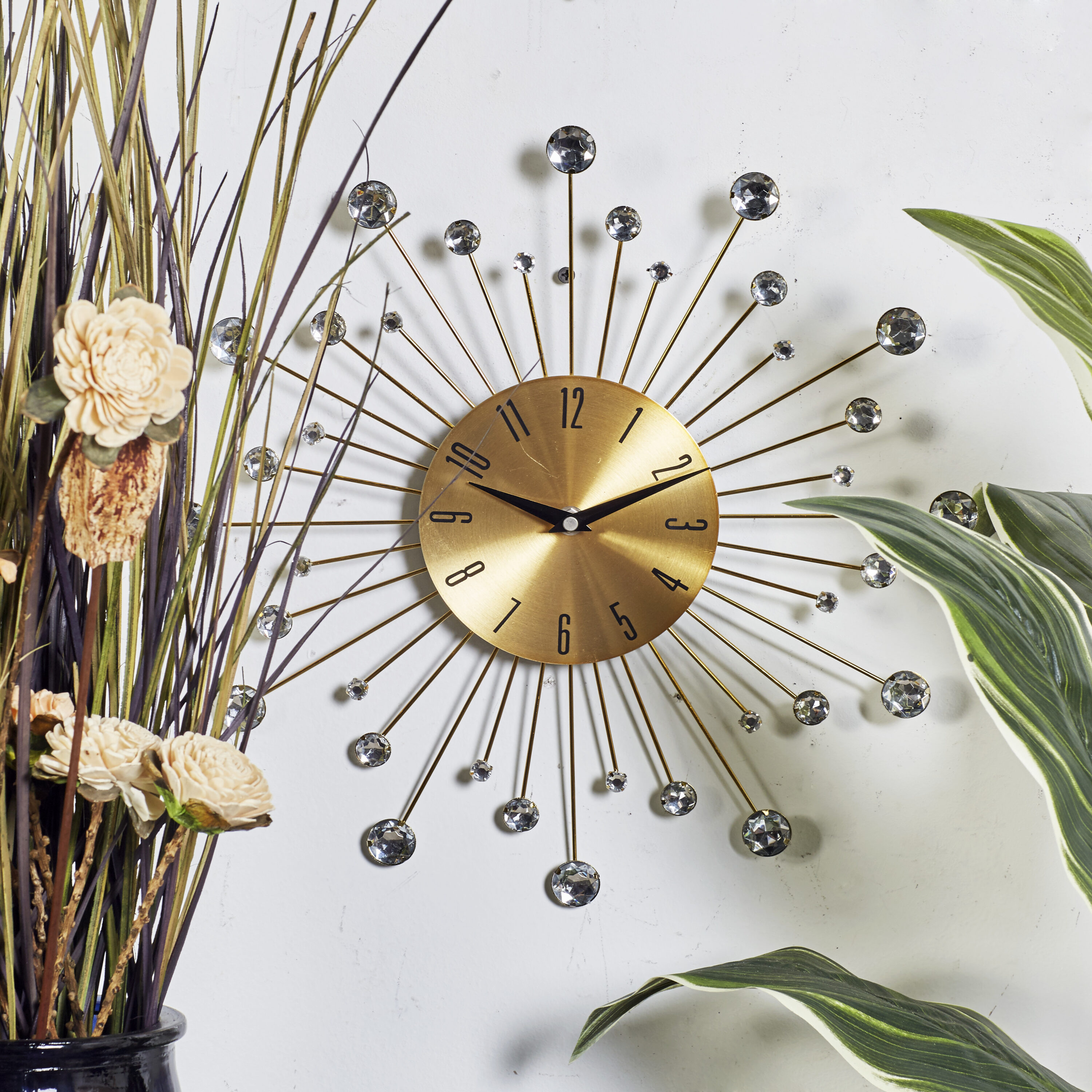 Gold Metal Starburst Wall Clock with Crystal Accents, 15"