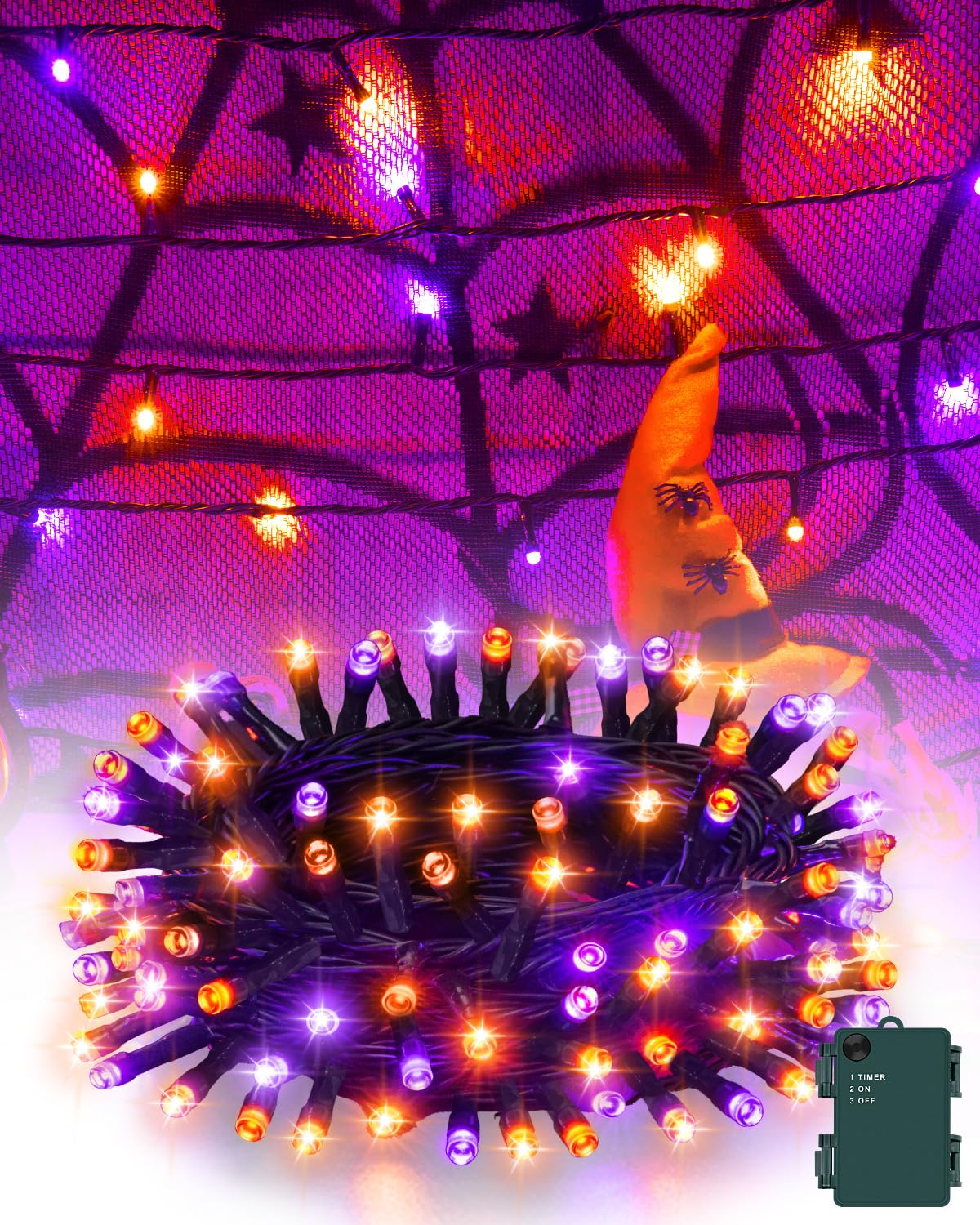 Phewnyzo  Halloween String Lights Orange and Purple Fairy Lights Waterproof Timer Moss Green Cord 9 8ft 30 LED for Outdoor Indoor Patio Party