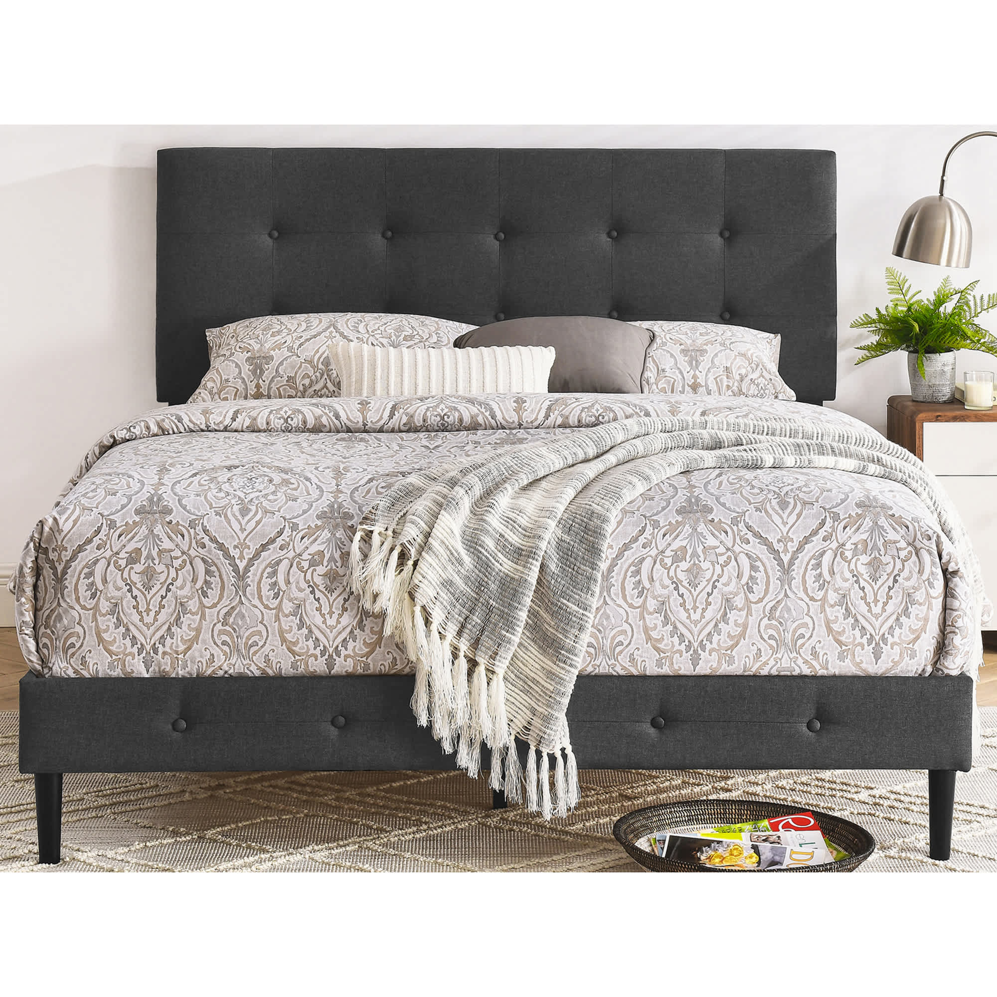 DeCoro 411248 Cambridge Upholstered Wooden Platform Bed Frame King Size Dark Grey