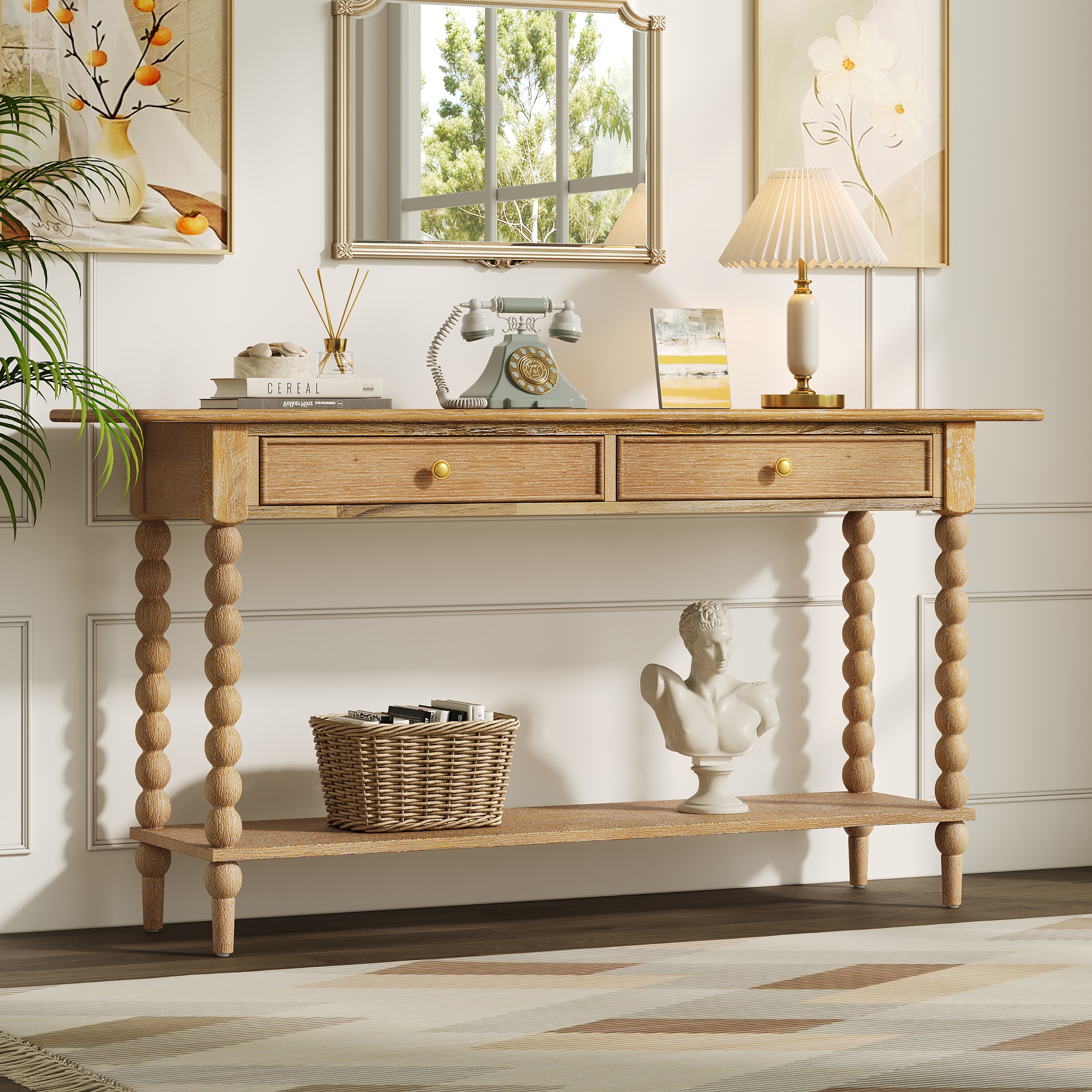 Tipton Retro 31.5 Inch Acacia Wood Console Table with Two Drawers and Open Storage Shelf Natural