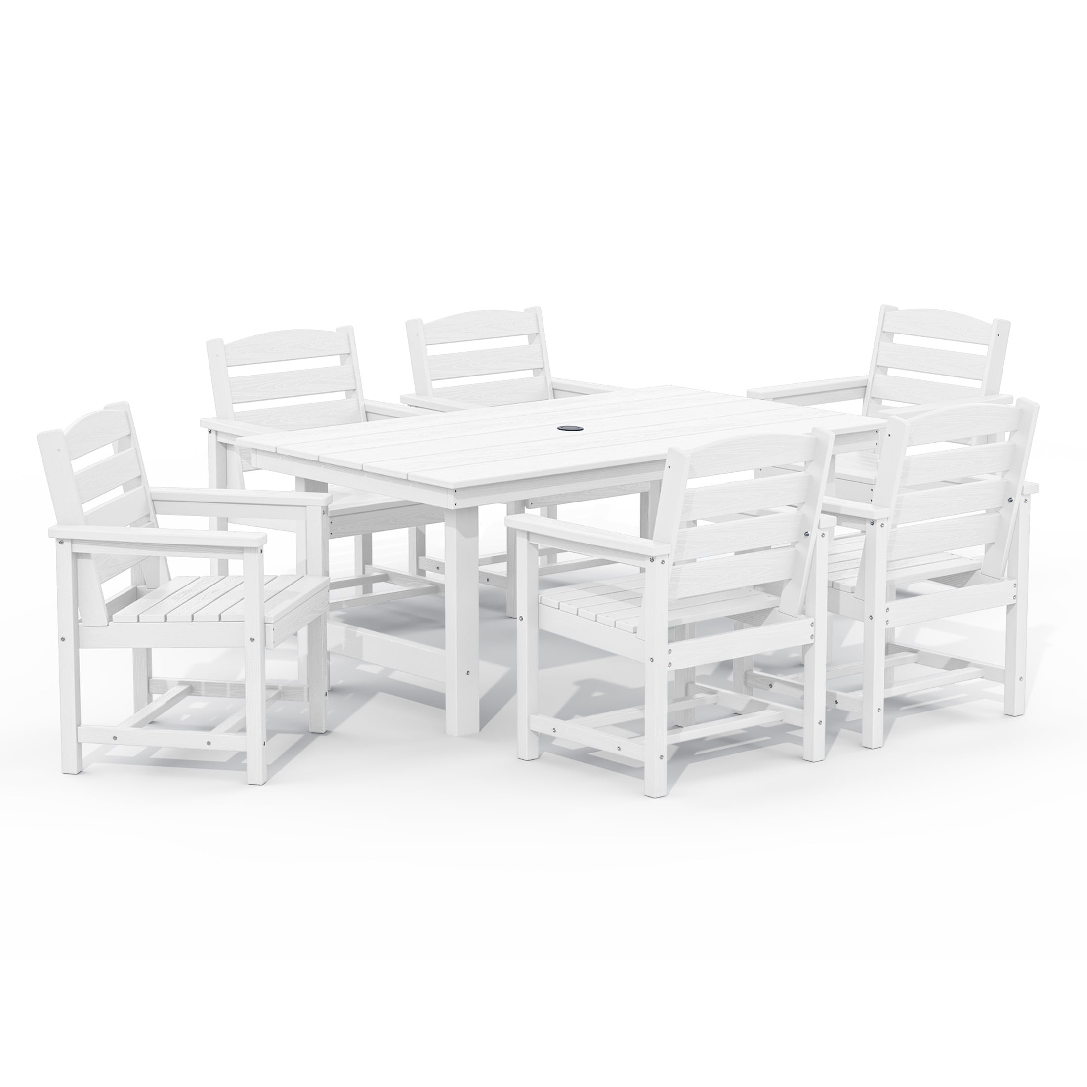 JEAREY PEJYCZY07-WE 7-Pieces HDPE Dining Set 7 -Piece White Patio Dining Set Plastic Rectangle Table with 6 Stackable Stationary Chairs