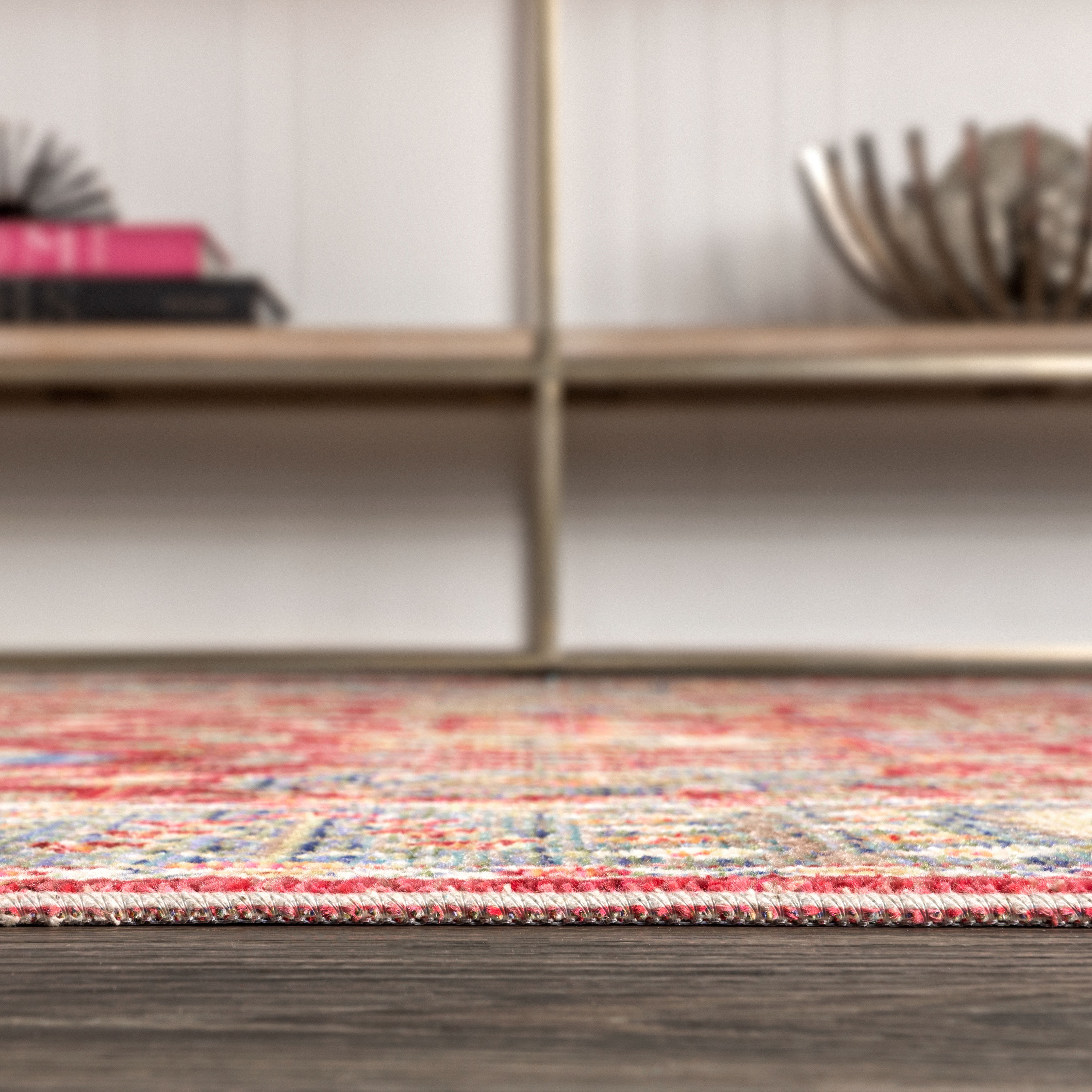 Burgundy and Light Blue Synthetic Floral Area Rug