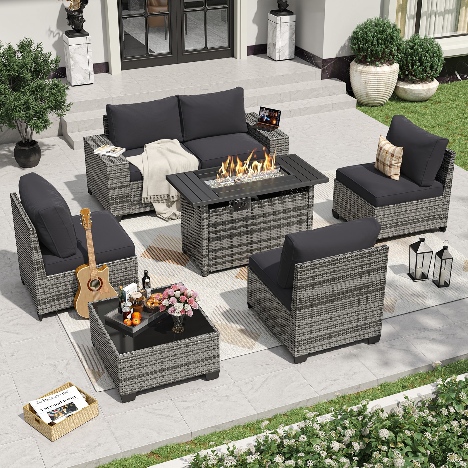Bapipro BP3907R24 7 -Piece Rattan Patio Sofa Conversation Set with Black Cushions