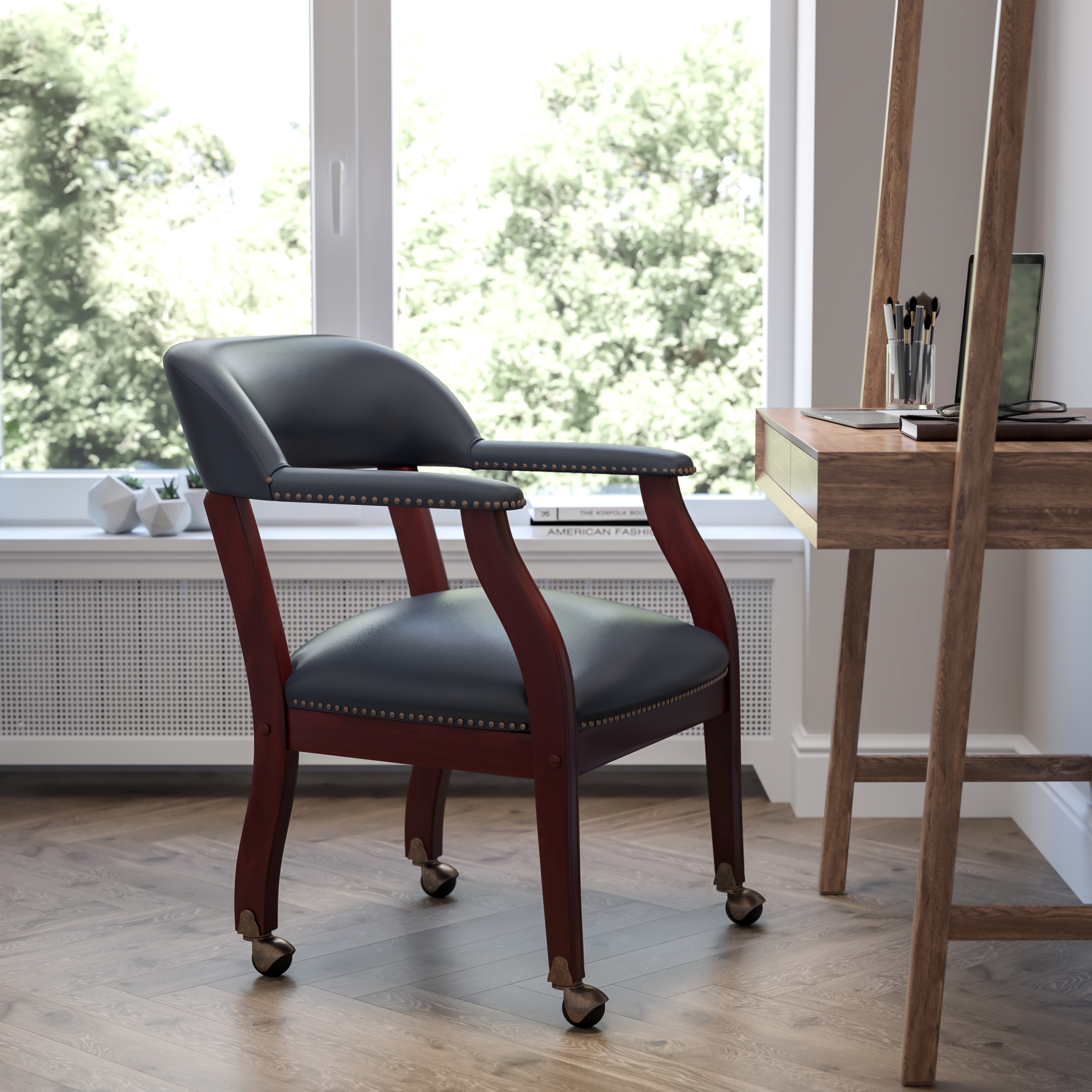 Navy Vinyl Captain's Conference Chair with Brass Casters and Mahogany Frame