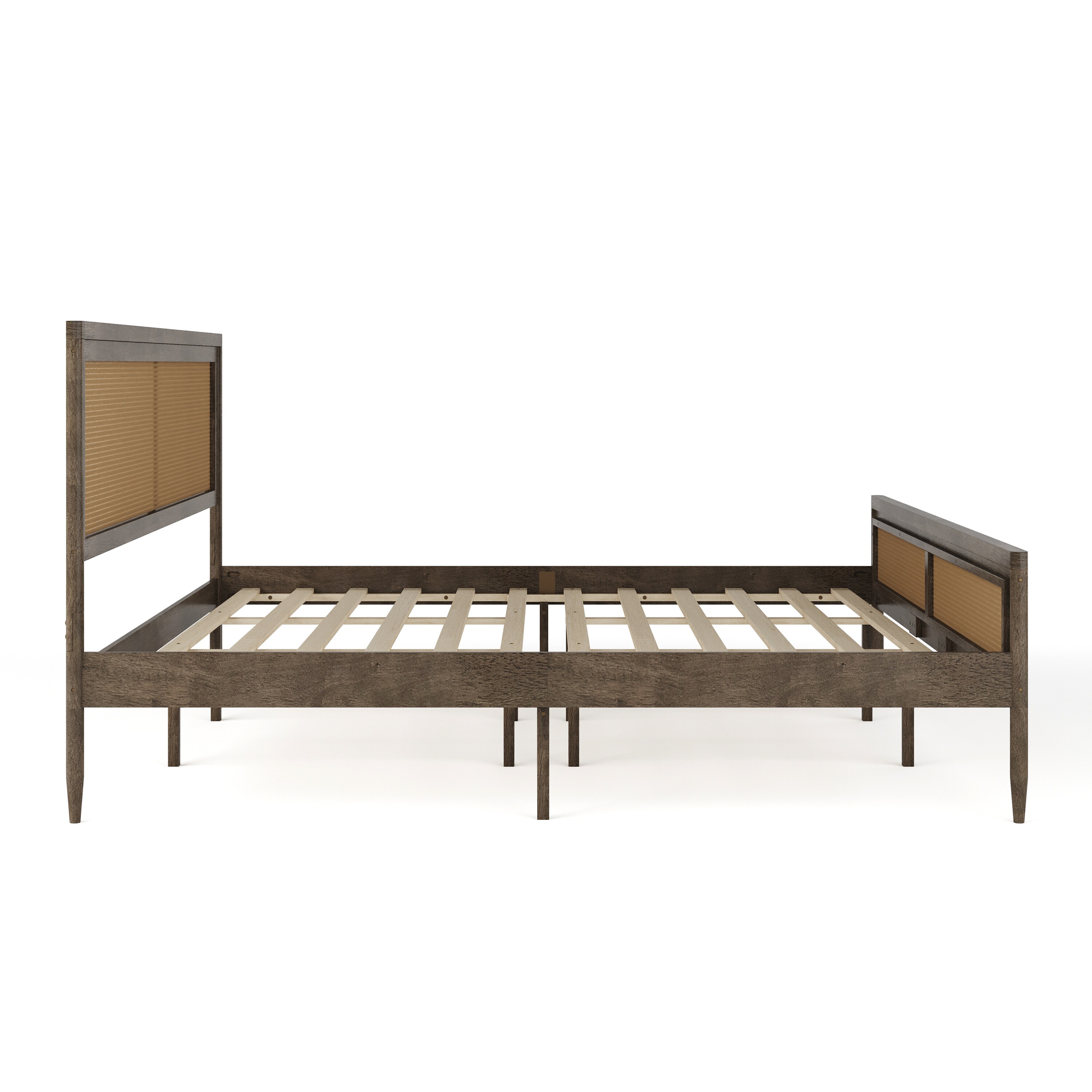 King Brown Gray Wood Frame Platform Bed with Rattan Headboard