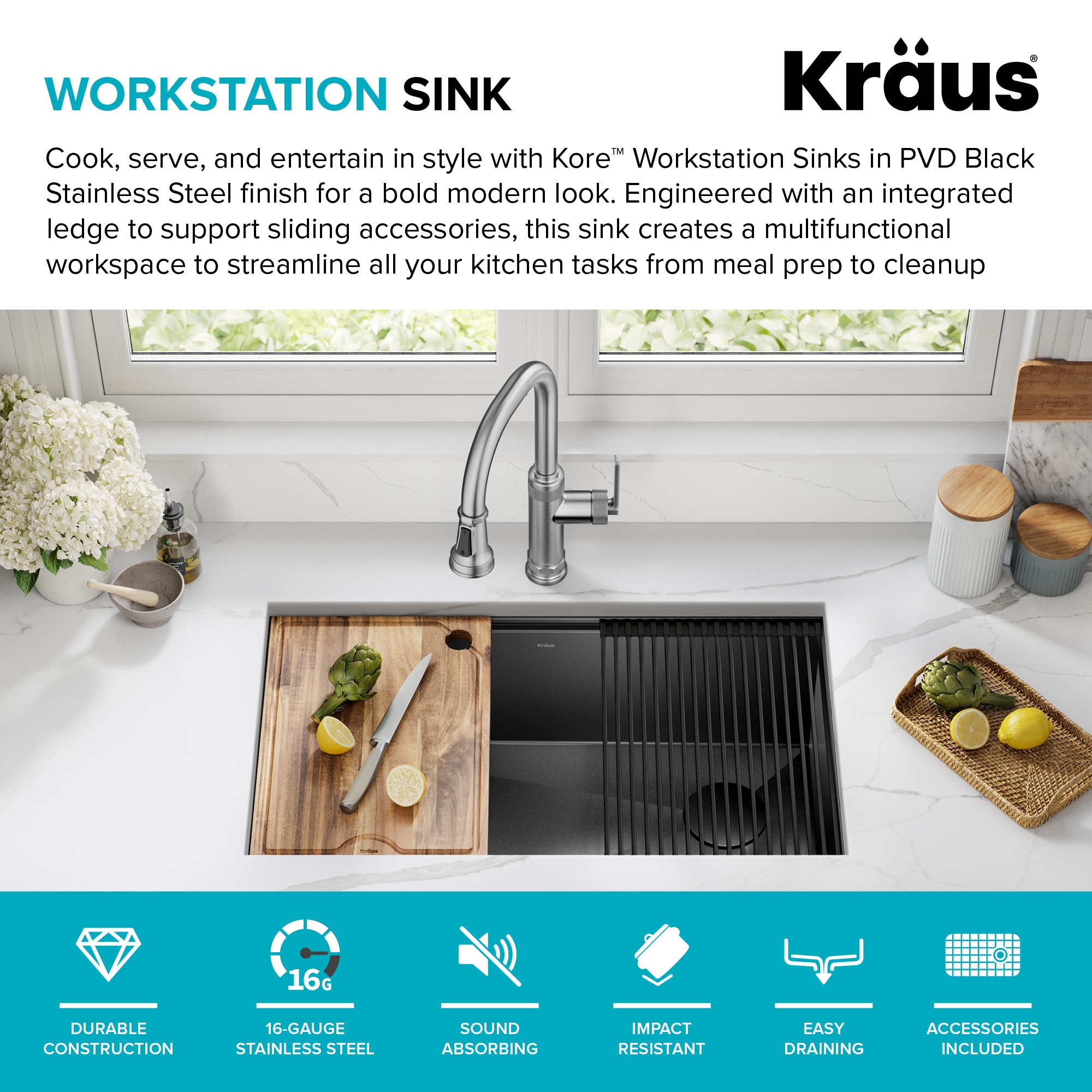 Kraus Kore Workstation Undermount 32-in x 19-in Pvd Black Stainless Steel  Single Bowl Workstation Kitchen Sink in the Kitchen Sinks department at 
