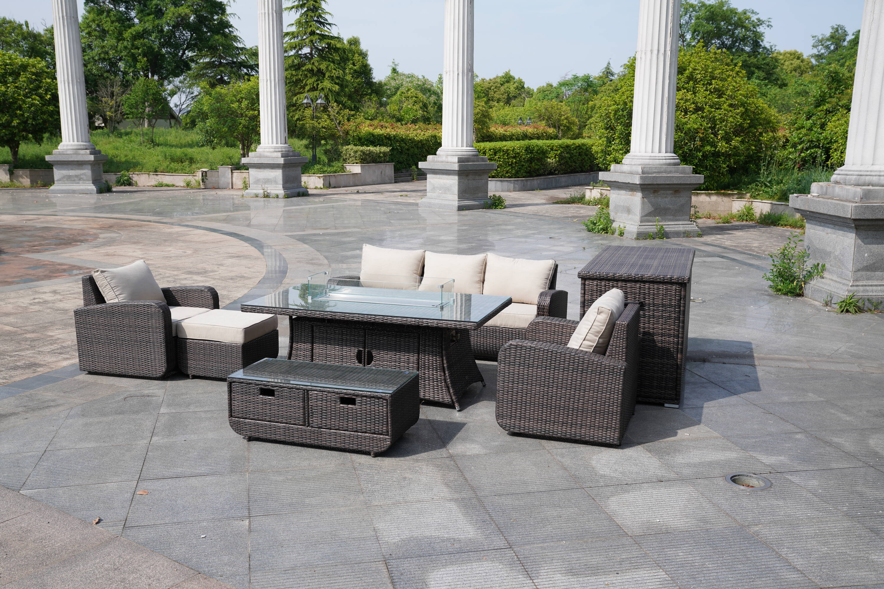 Direct Wicker DWG-06R15&3256B-BR 8 -Piece brown Wicker Patio Dining Set Aluminum Rectangle Table with 4 Brown Cushions Stationary Chairs Fire Pit Included