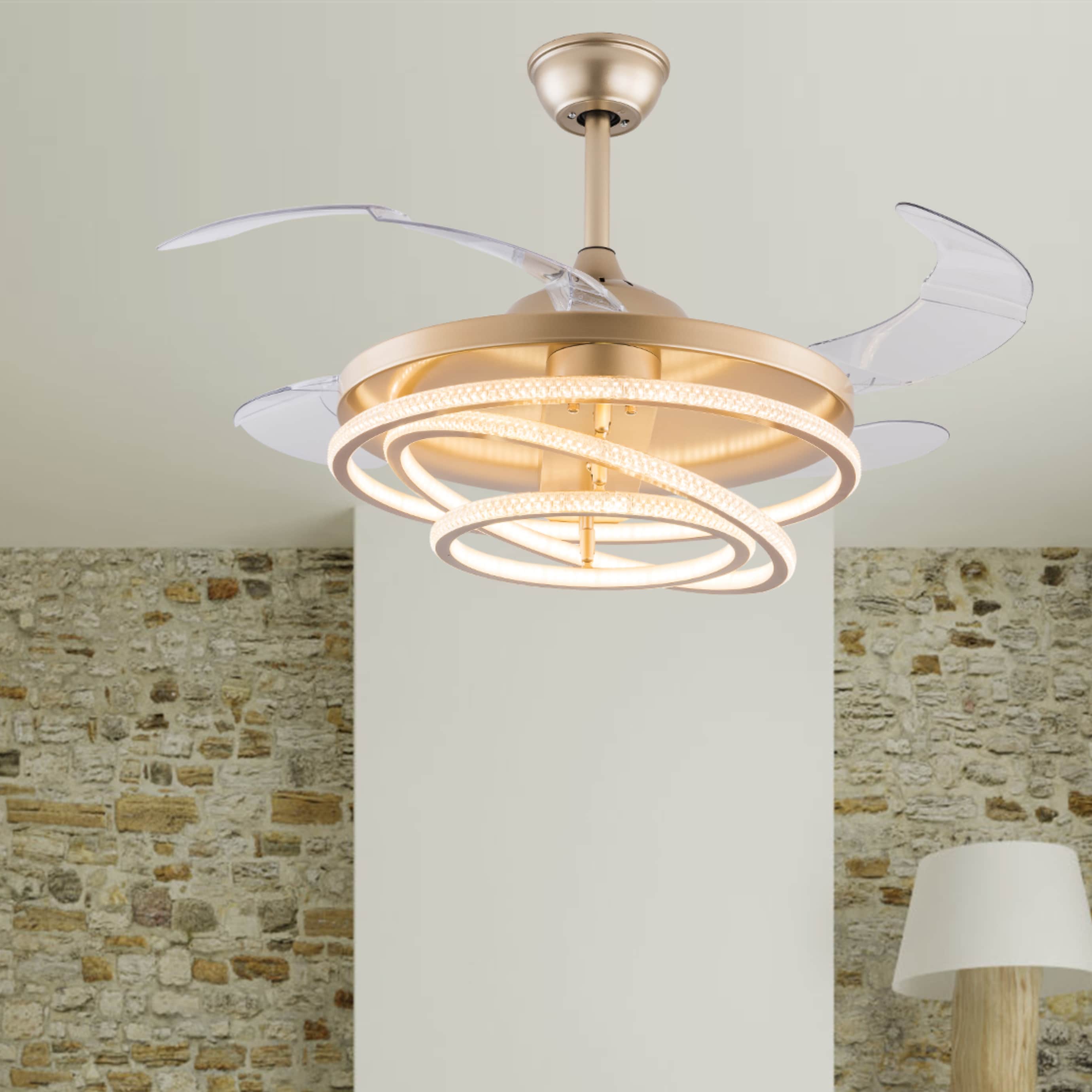 Oukaning JZUCODW499HCX 42-Inches Gold DC Retractable with ABS Blades Color-Changing Integrated LED Fixture Indoor Downrod mount Chandelier Ceiling Fan With Light and Remote ( 4 -Blade)