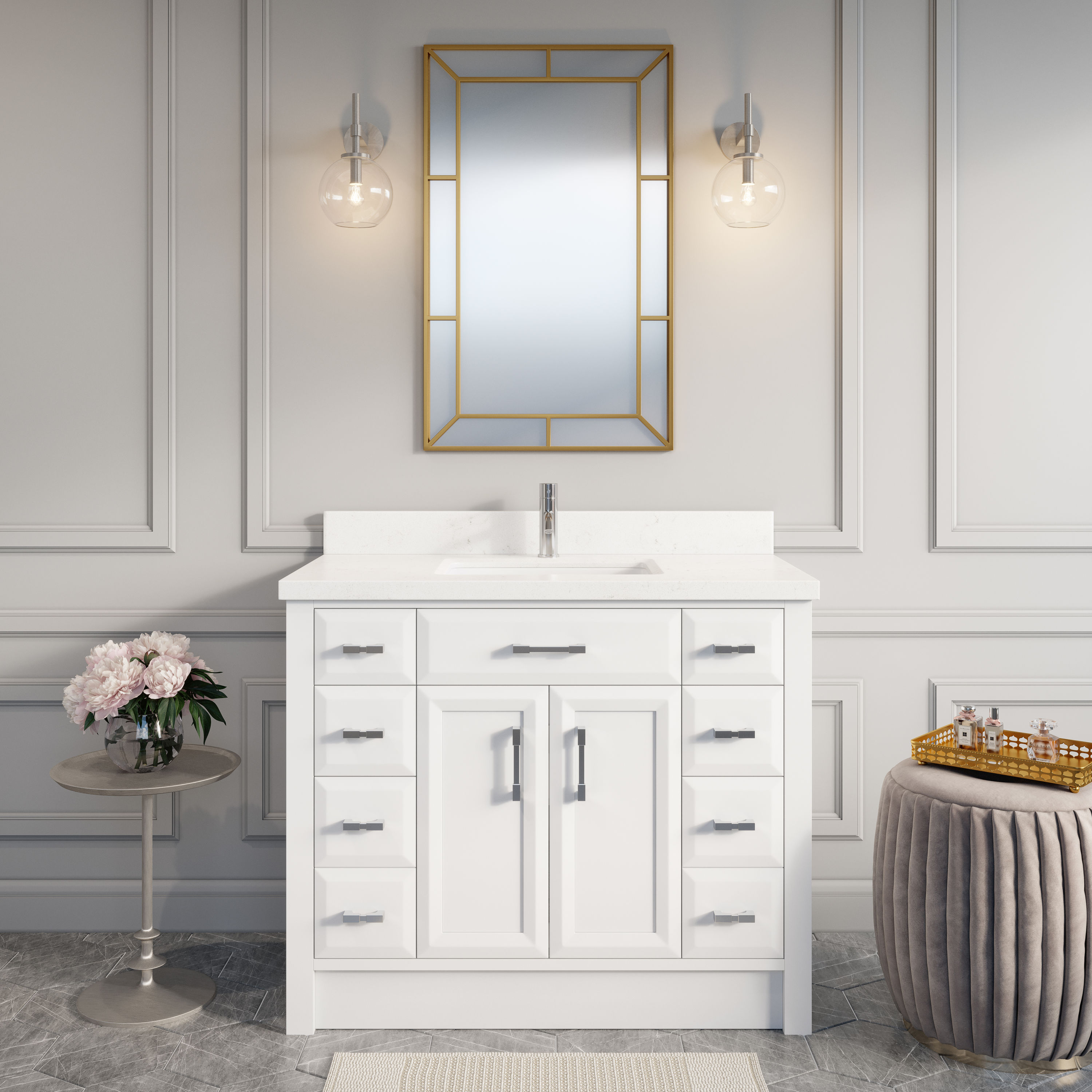 Elegant White Dual Bath Vanity with Jute Rug