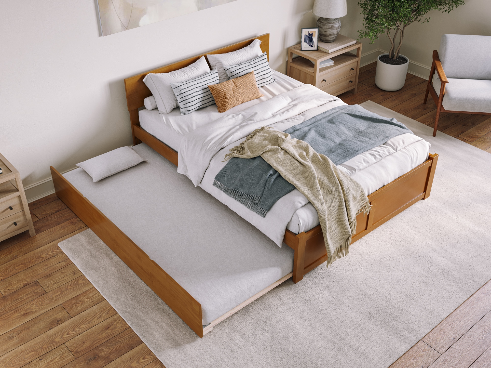 Light Brown Queen Wood Platform Bed with Storage Drawer