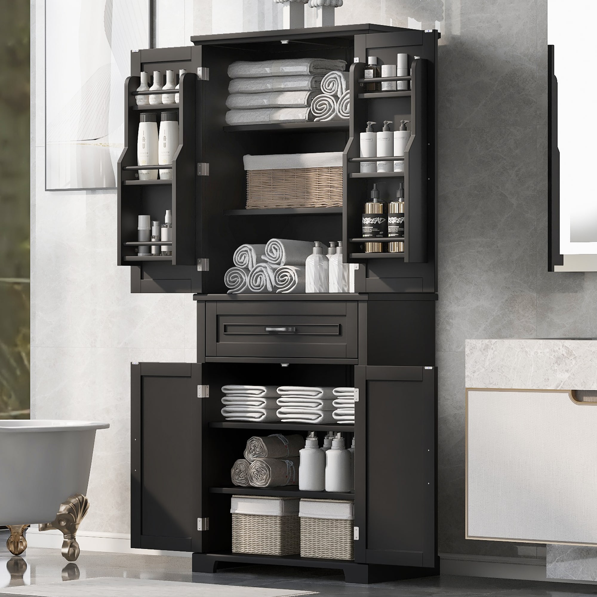 ModernLuxe L3P-N725P210330B Bathroom Storage Cabinet with Doors and Drawer Multiple Storage Space Adjustable Shelf Black