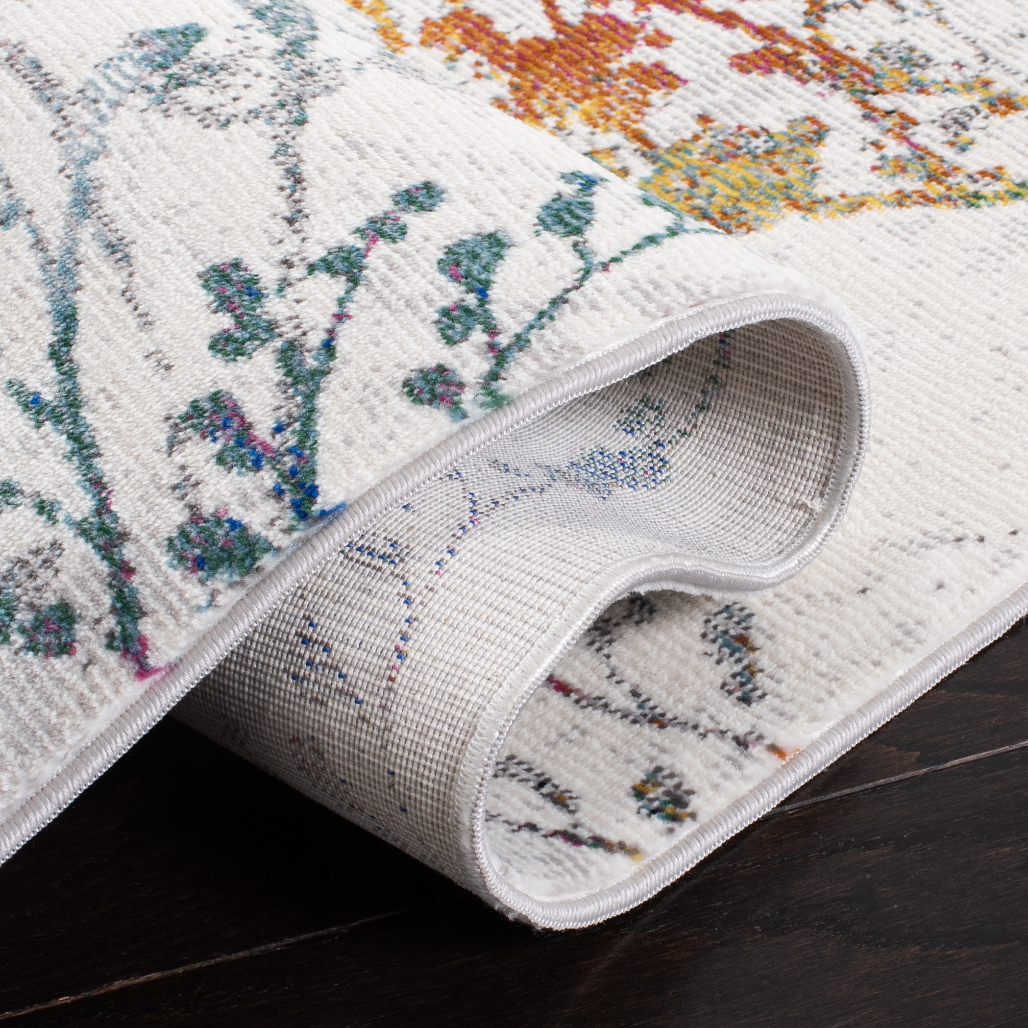 Ivory and Multicolor Synthetic Rectangular 9' x 12' Area Rug
