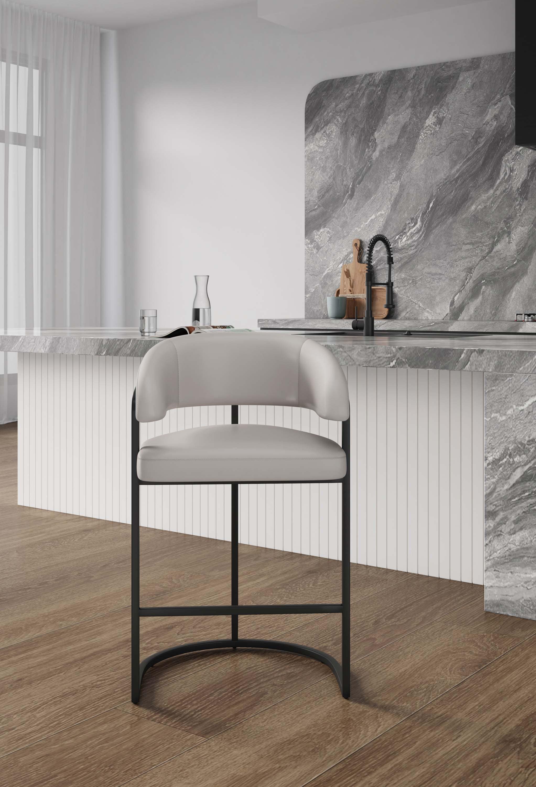 Manhattan Comfort CS018-LG Light Grey 26.8-in H Counter height (24-in to 27-in) Bucket Seat Upholstered Metal Back Bar Stool with Arms and Back