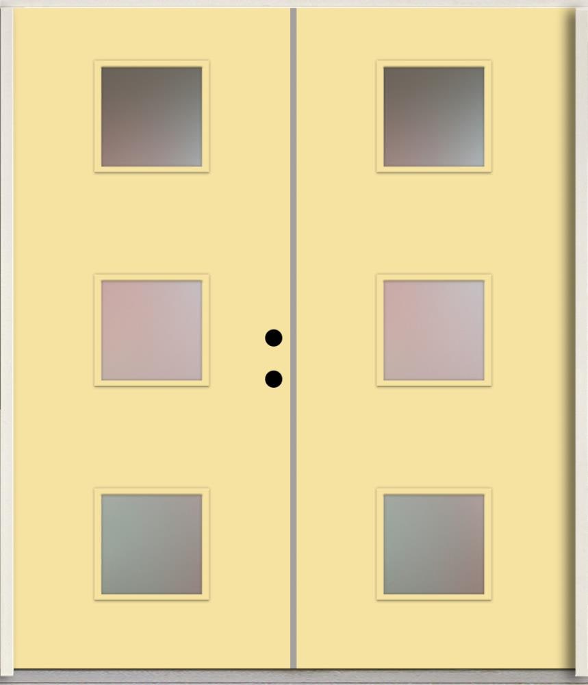 RELIABILT LO1066709 Spotlights 64-in x 80-in x Fiberglass 1/4 lite Left-hand inswing Cabana Yellow Paint Painted Prehung Double Front Door Insulating core