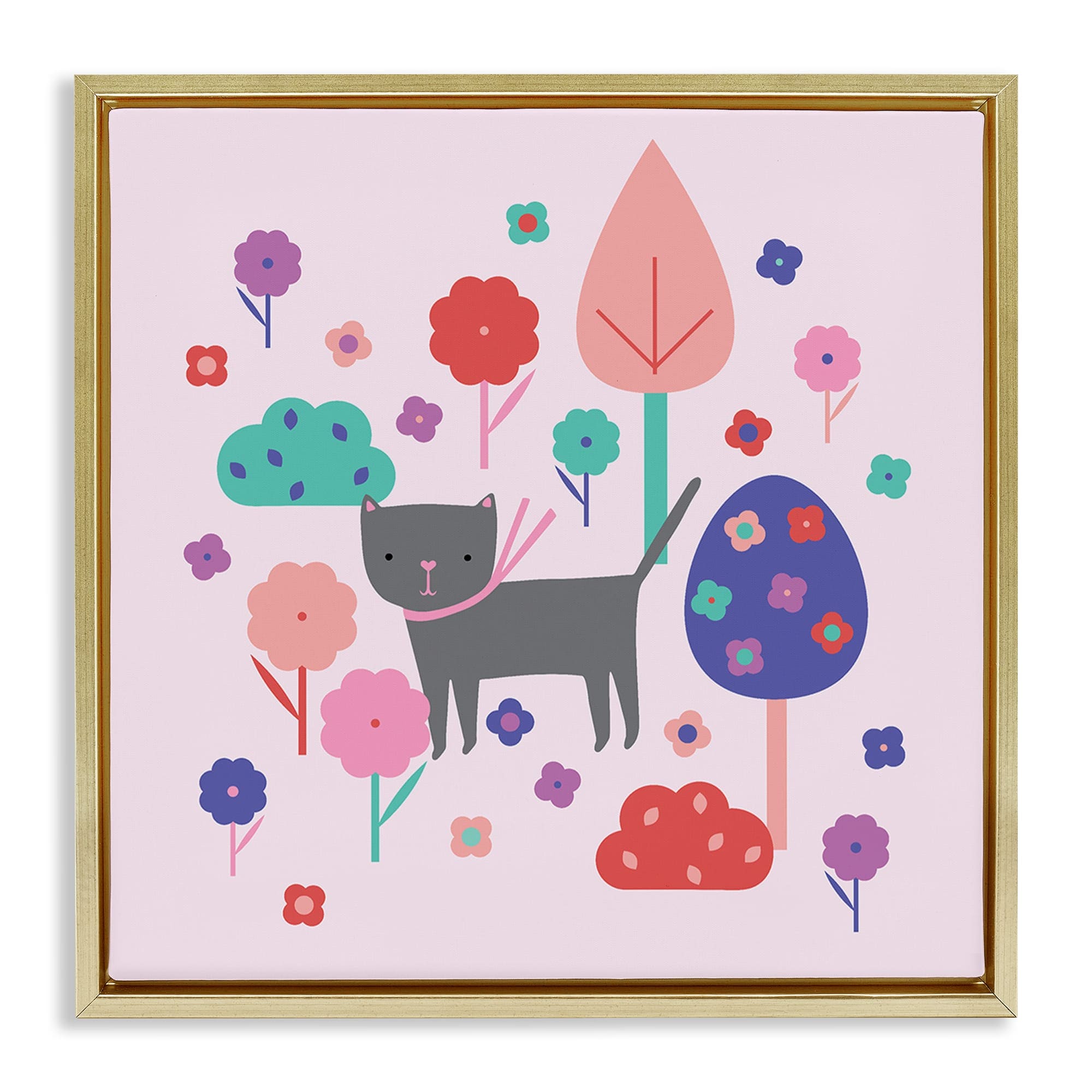 Stupell Industries BT-517-FFG-17X17 Pastel Whimsical Cat and Trees Gold Framed Floater Canvas Wall Art By Sazerelli Designs 18 x 18