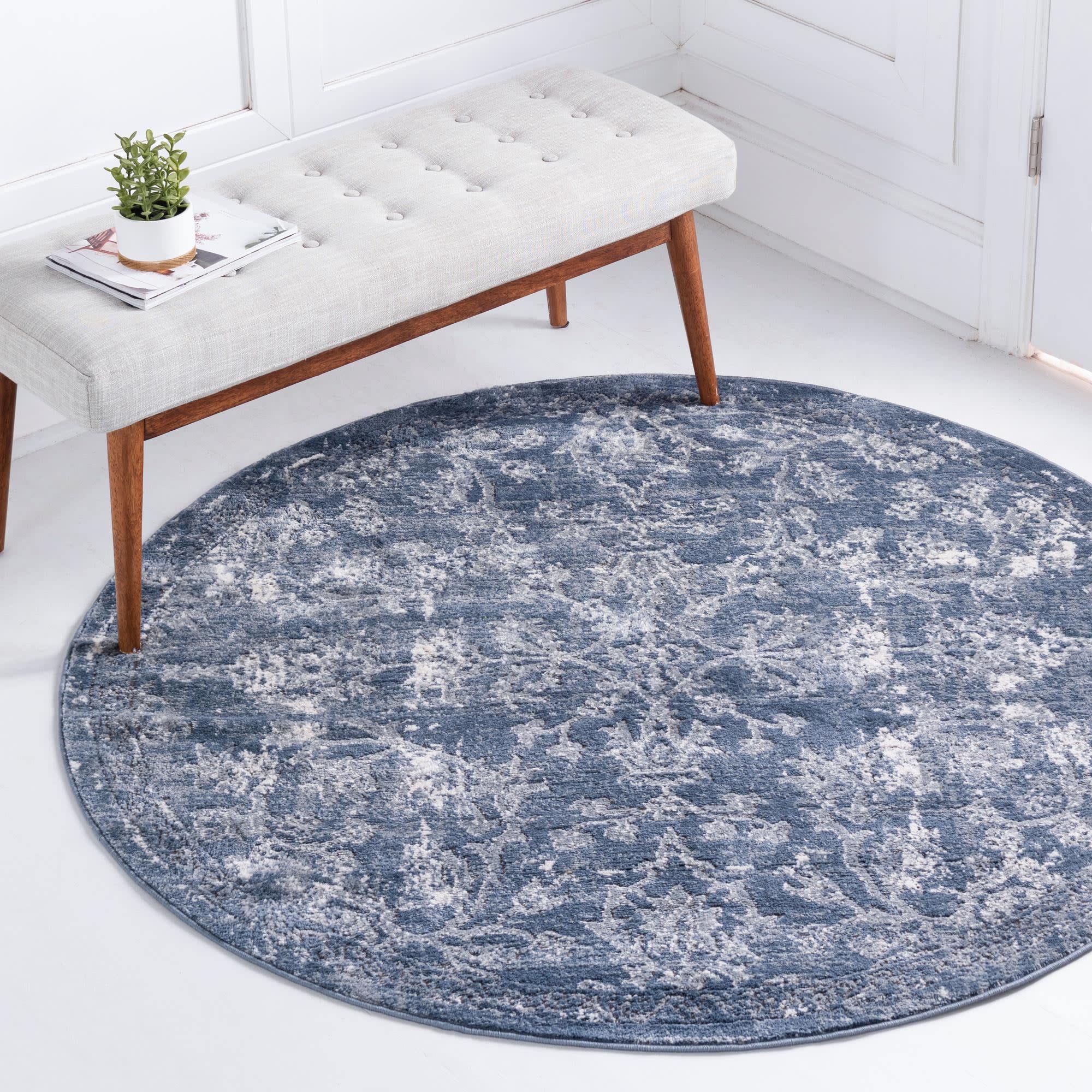 Unique Loom 3200423 Portland 4 x 4 (ft) Loomed Polypropylene Blue Round Indoor Floral/Botanical Area rug
