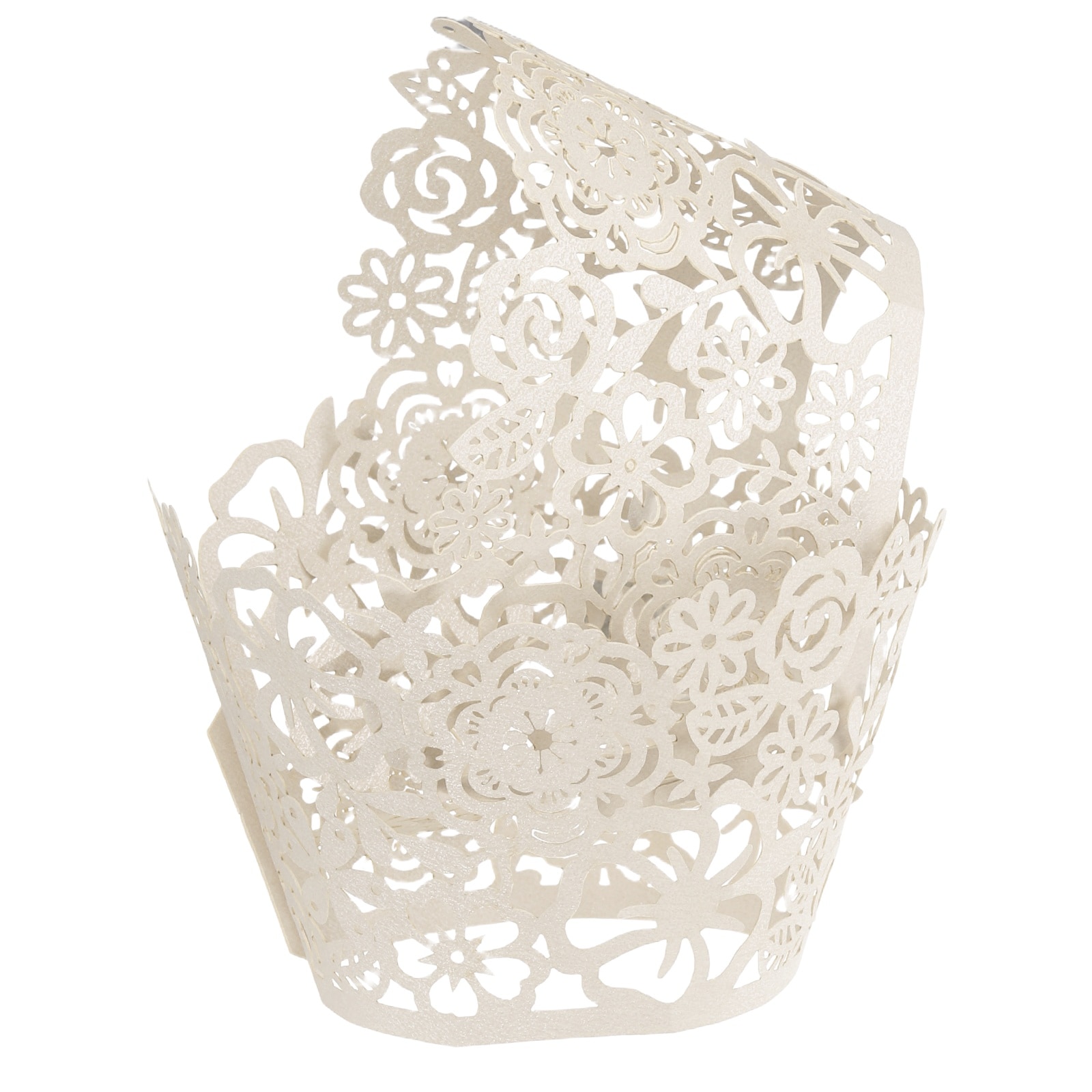 Harfington 50pcs Lace Cupcake Liners Hollow Flower Designed Hollow Out Cupcake Wraps Artistic Bake Cake Paper Cups for Anniversary Birthday Weddings Parties White