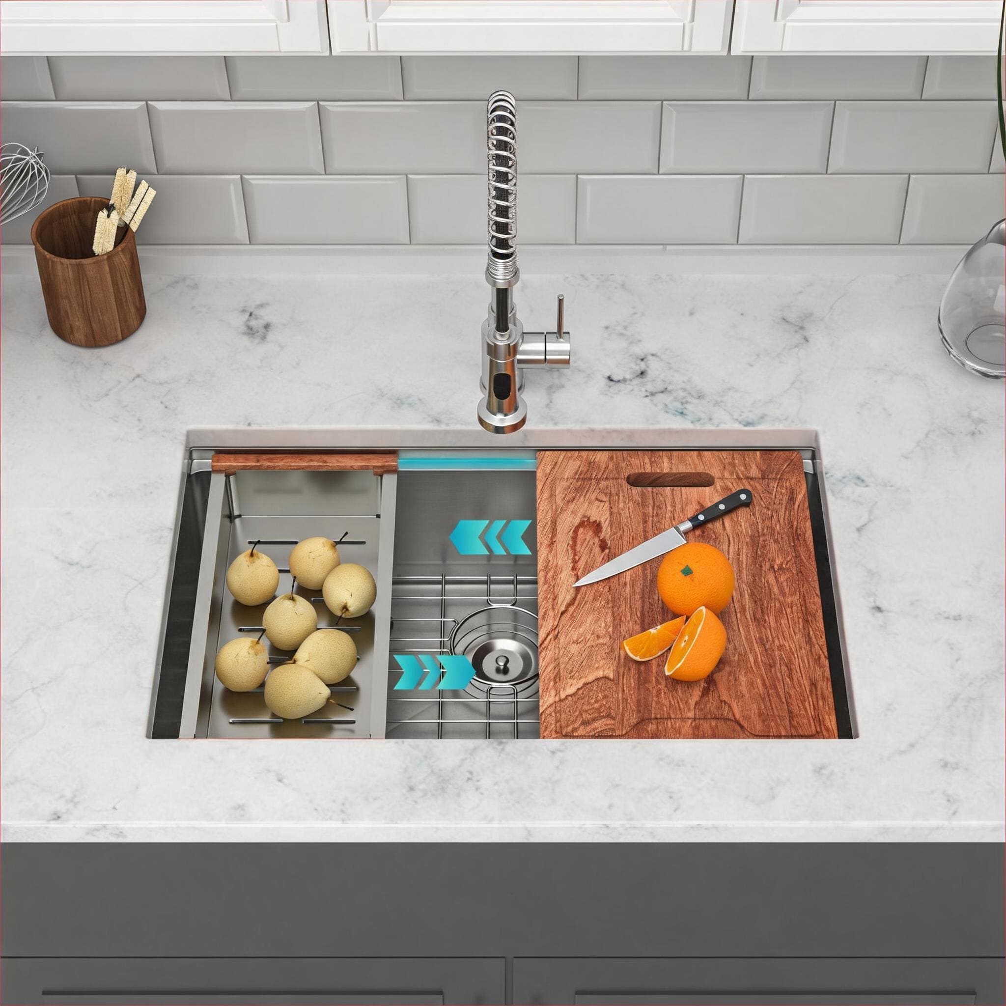 Watnature Workstation Undermount Kitchen Sink  16 Gauge T304 Stainless Steel 30 Inch Single Bowl
