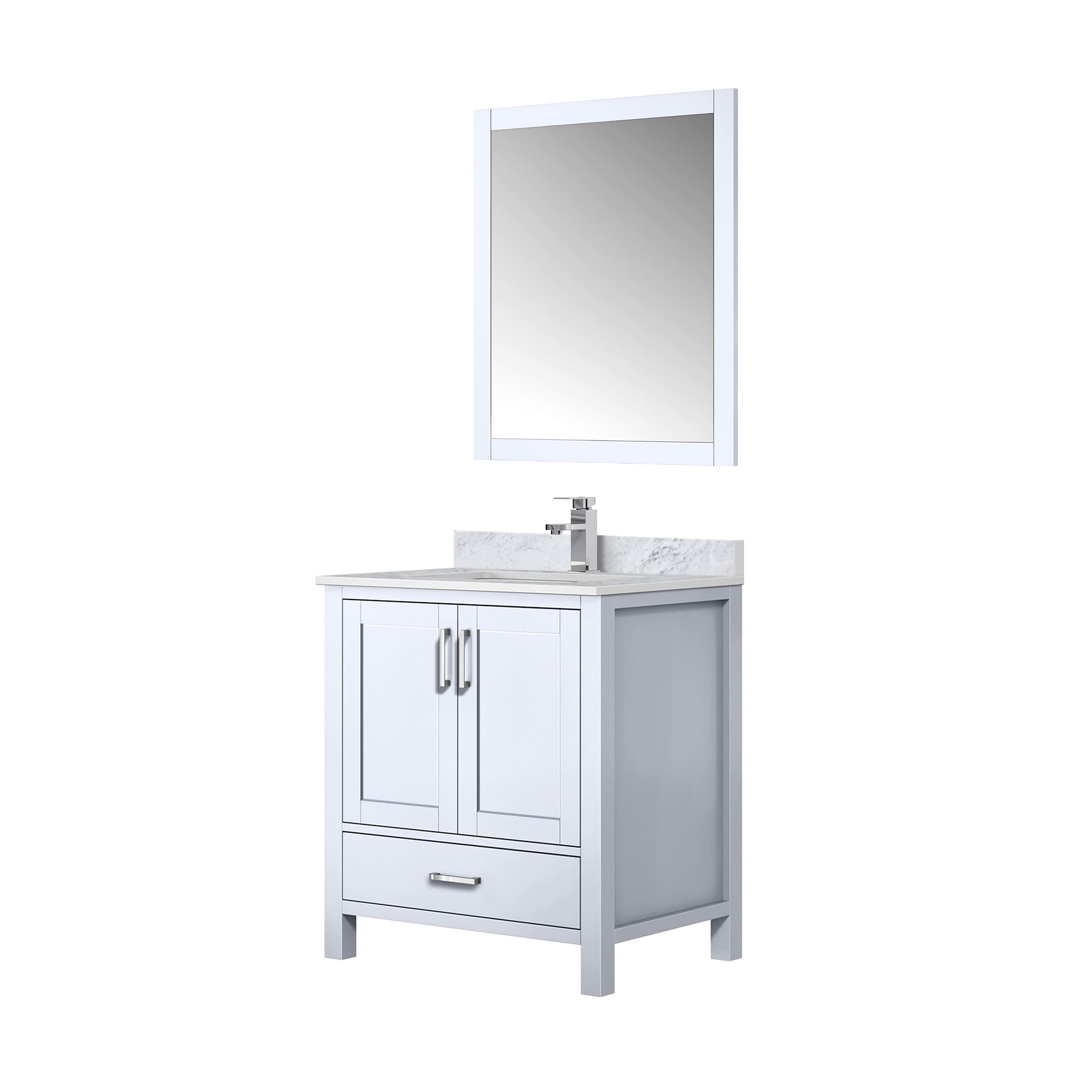 White 30" Vanity with Marble Top, Sink, Mirror, and Faucet