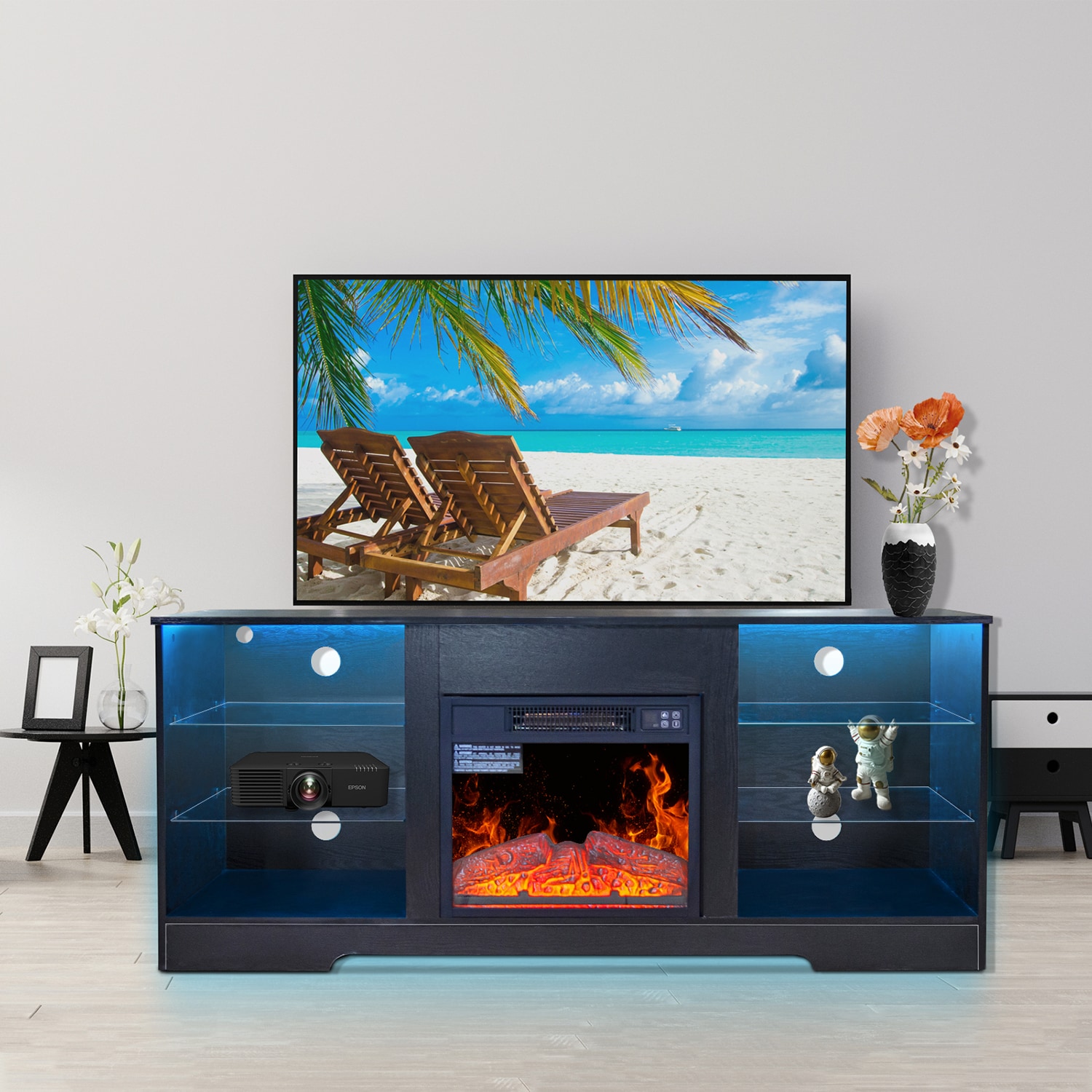 Mondawe MD-JJ52181 56.87-Inches W Black TV Stand with Fan-forced Flat wall Electric Fireplace with Remote Control Included