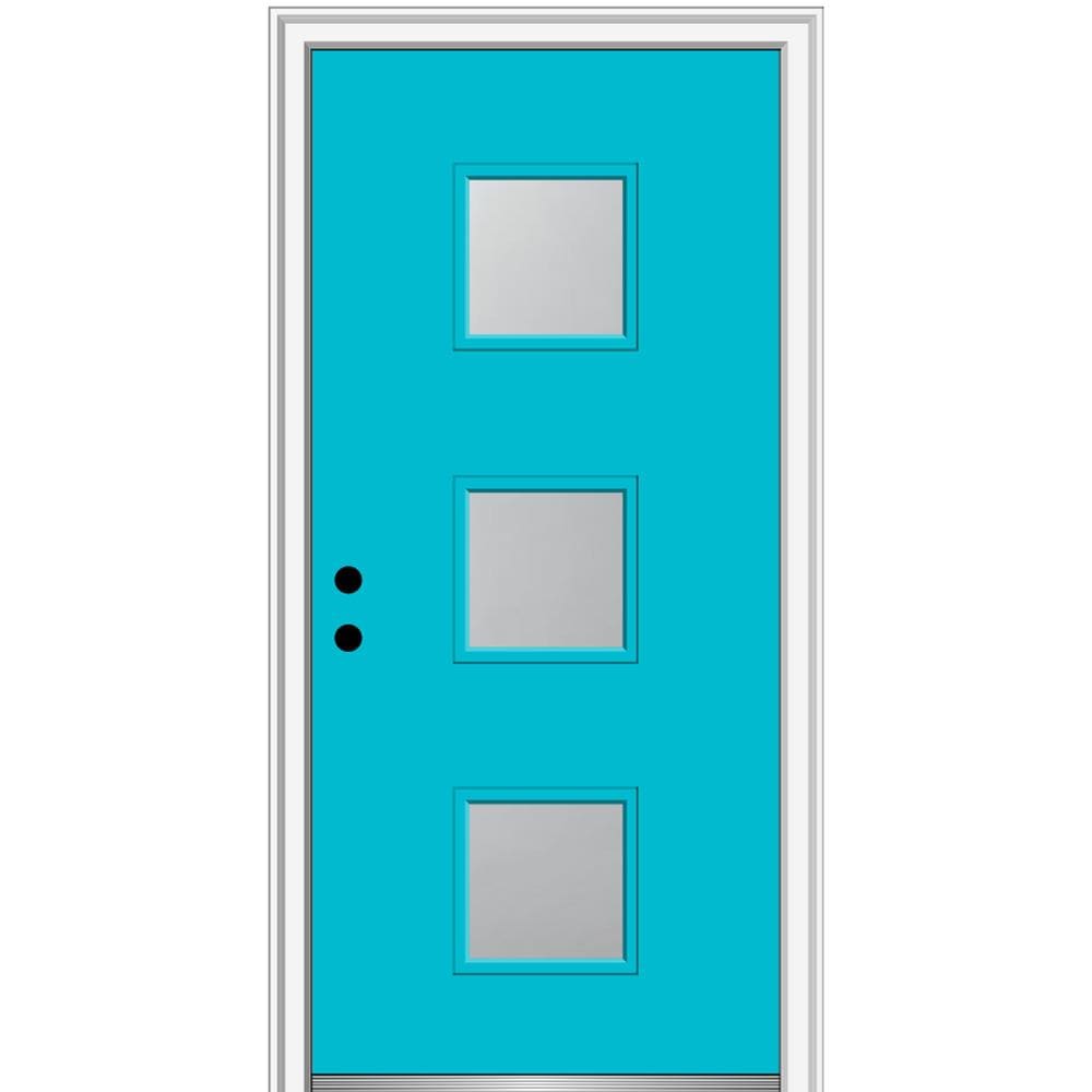 MMI DOOR ZZ347397R Spotlights 32-in x 80-in x 4-9/16-in Fiberglass Pulse lite Right-hand inswing Bahama Blue Painted Prehung Front Door with Brickmould Insulating core