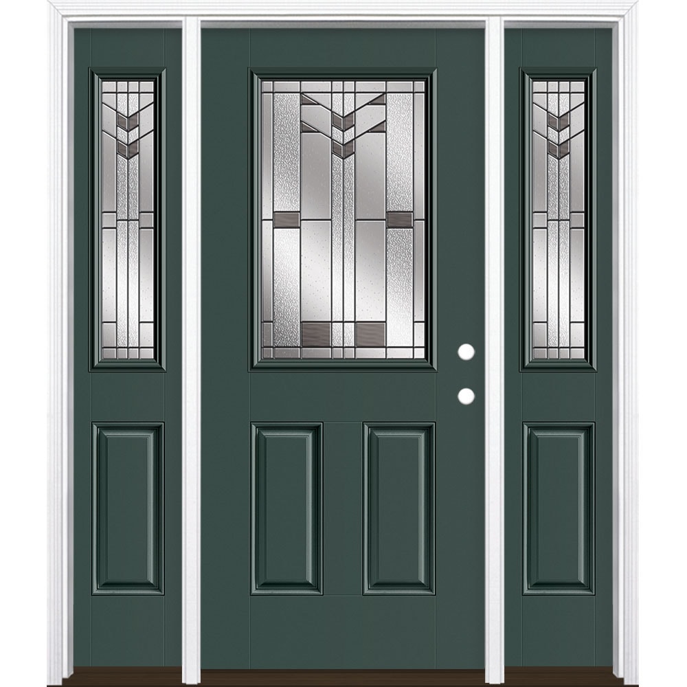 Masonite 3420455 Frontier 64-in x 80-in x 4-9/16-in Fiberglass Half lite Left-hand inswing Evergreen Painted Prehung Front Door with Sidelights with Brickmould Insulating core