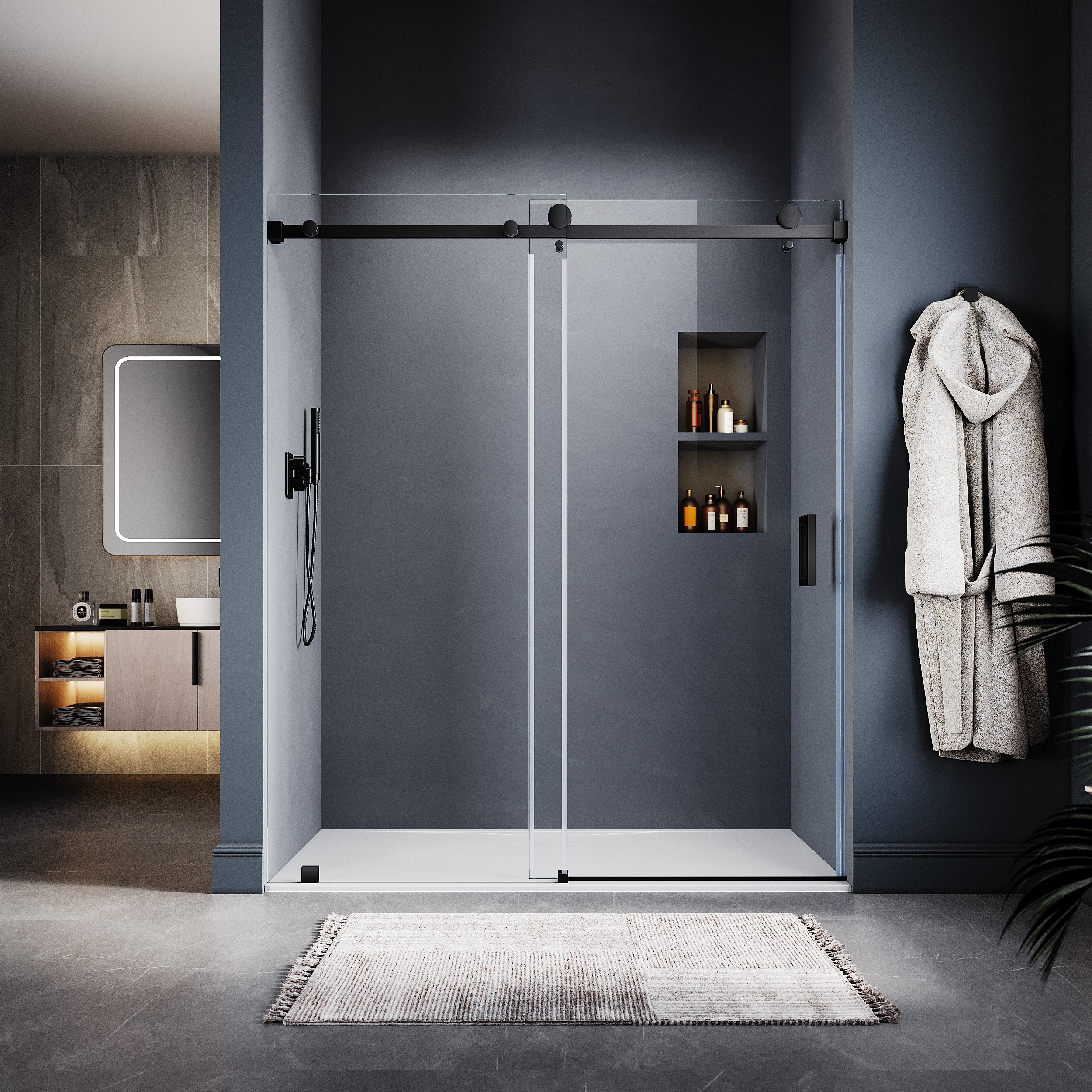 UNIKOO UKS05 66 in to 72 in x 80 in H Frameless Sliding Shower Door in Matte Black with 3/8 in (10mm) Clear Glass