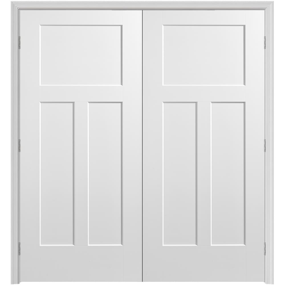 Masonite 640937 72-in x 80-in Primed Solid core 3-panel Bi-parting Smooth Primed Molded composite Split Jamb Double Prehung Interior Door 376 Casing