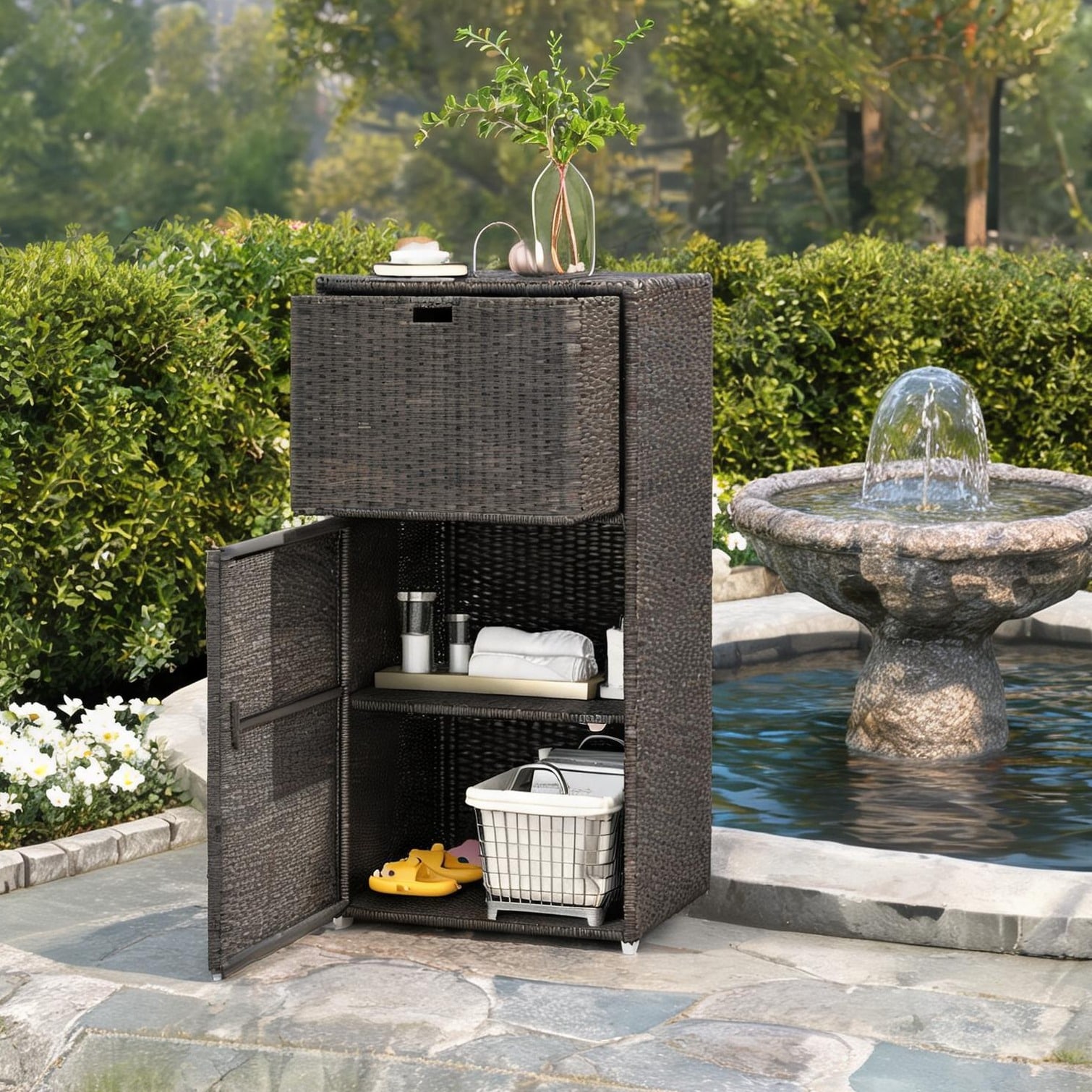 SunJet Warm brown woven rattan storage cabinet with drawer and dual shelves for indoor outdoor organization