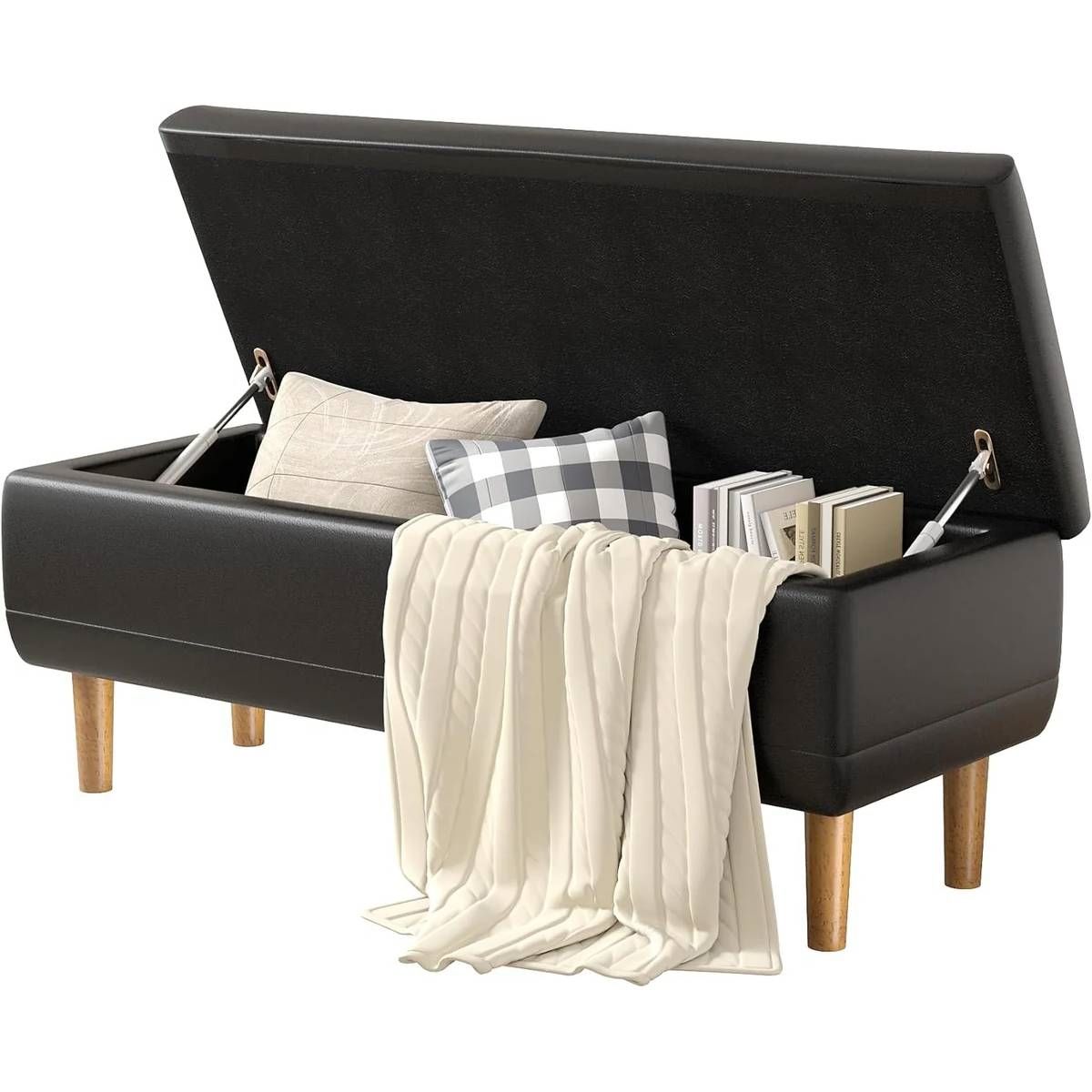 Slickblue Modern Black Faux Leather Upholstered End of Bed Storage Bench Ottoman with Storage and Padded Cushion for Bedroom or Entryway