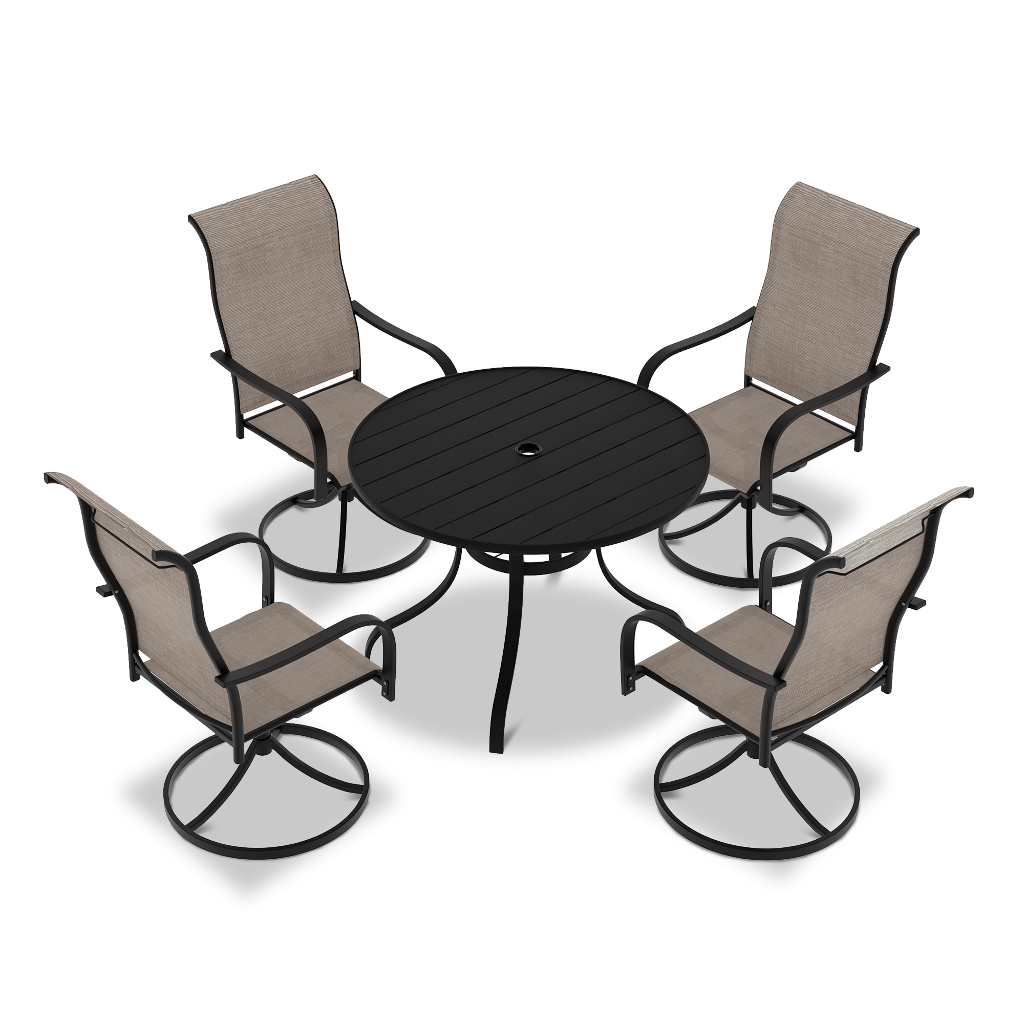 CASAINC CAC5020T73A Patio Dining Set lron Round Table with 4pcs Swivel Chairs 5 -Piece Black Woven Patio Dining Set Iron Round Table with 4 Light gray Swivel Chairs