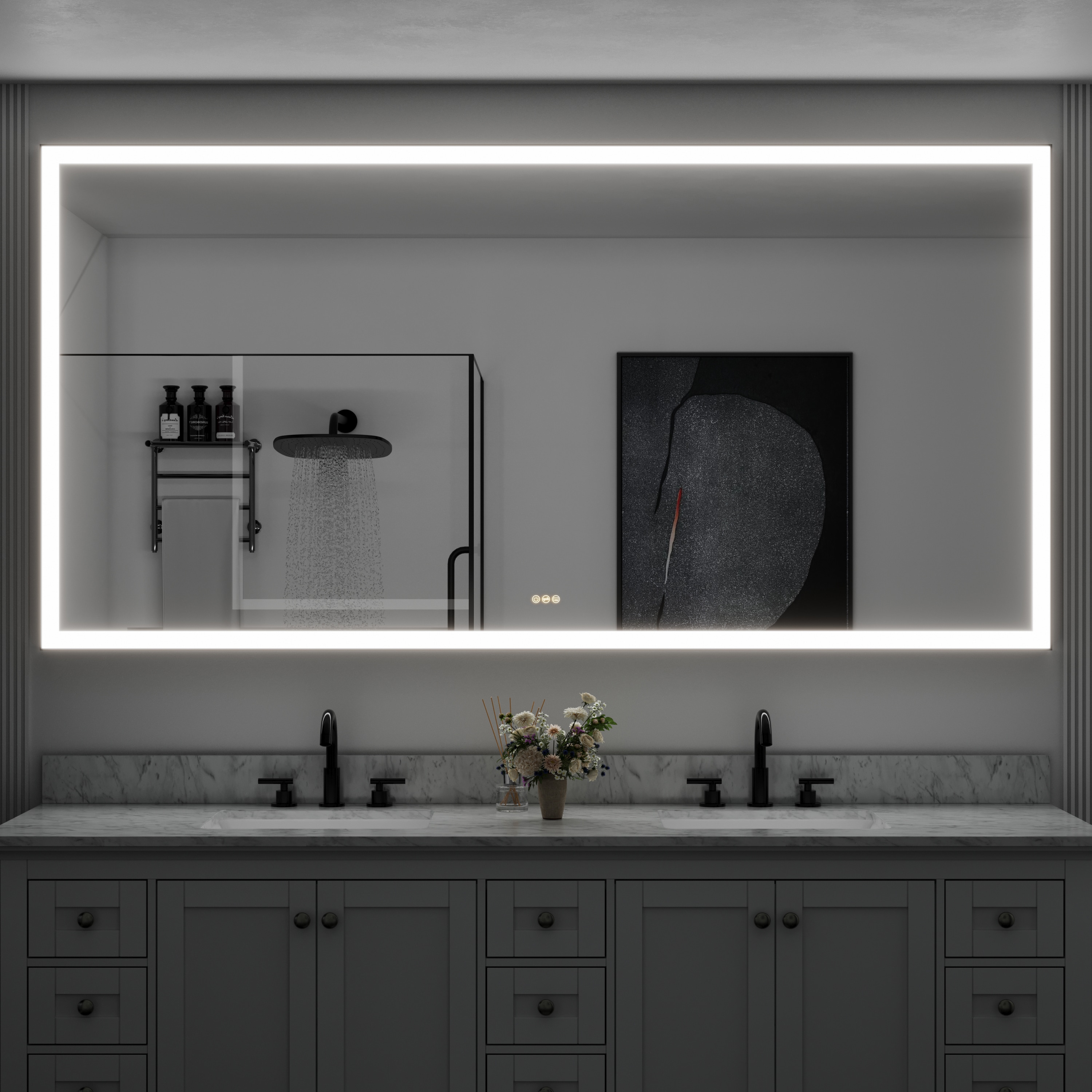 Forclover MRE-5F8442MB 84-in x 42-in Framed Rectangle Dimmable Lighted Fog Free Bathroom Vanity Mirror ( Black )