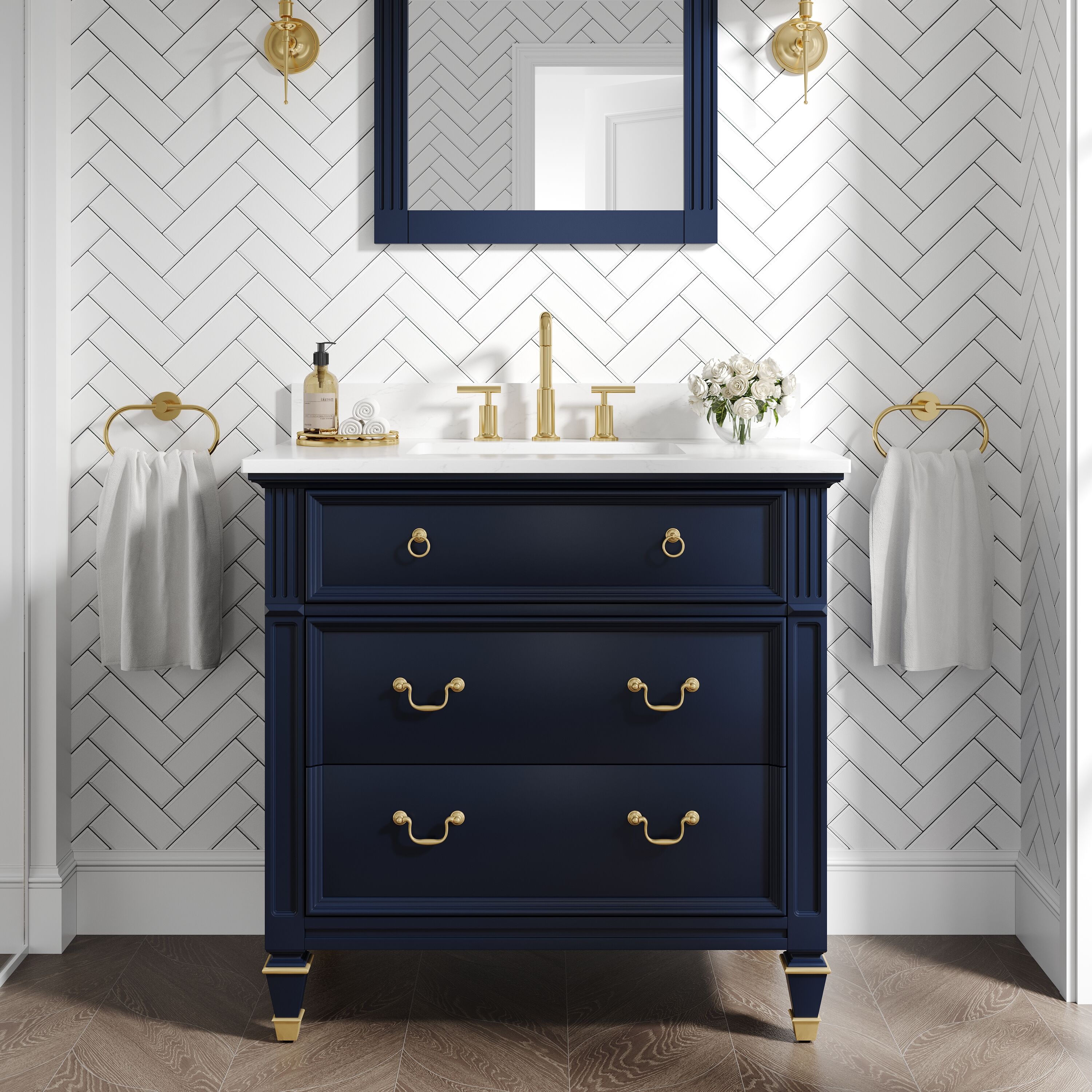 Forclover MF02-36NB Solid Wood Bathroom Vanity 36-in Navy Blue Undermount Single sink Bathroom Vanity with White Quartz Top