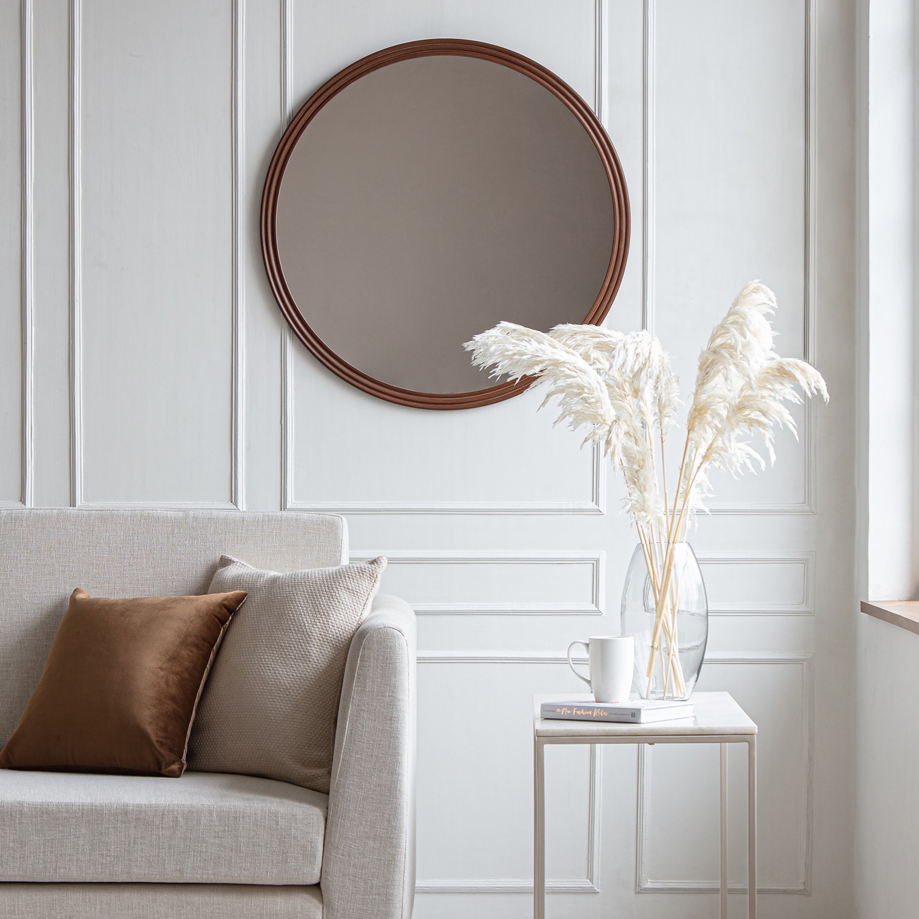 30-Inch Round Frameless Brown Wooden Wall Mirror