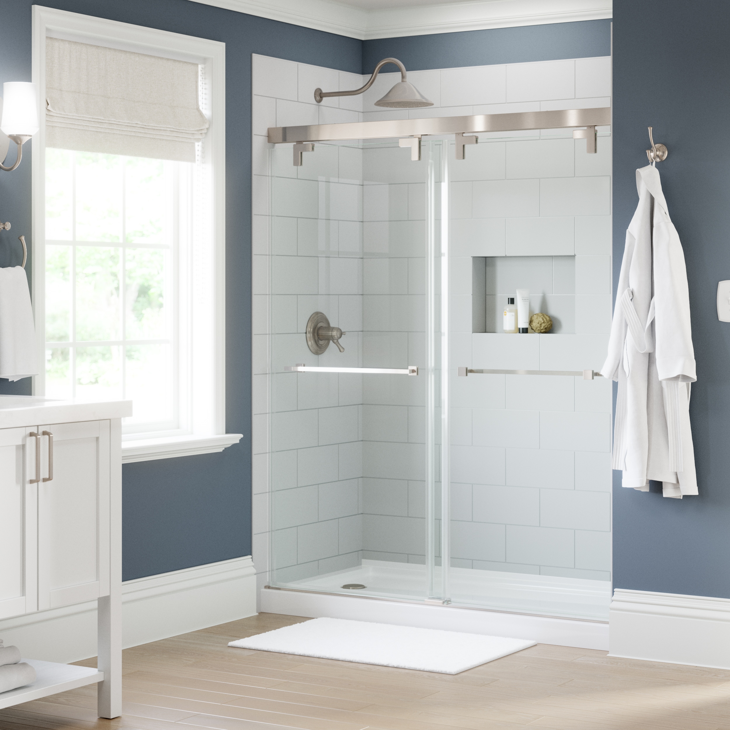 Delta SD7909800 Kesara Brushed Nickel 42-1/4-in W x 72.9922-in H Frameless Sliding Soft Close Shower Door 5/16-in Thick Clear Glass