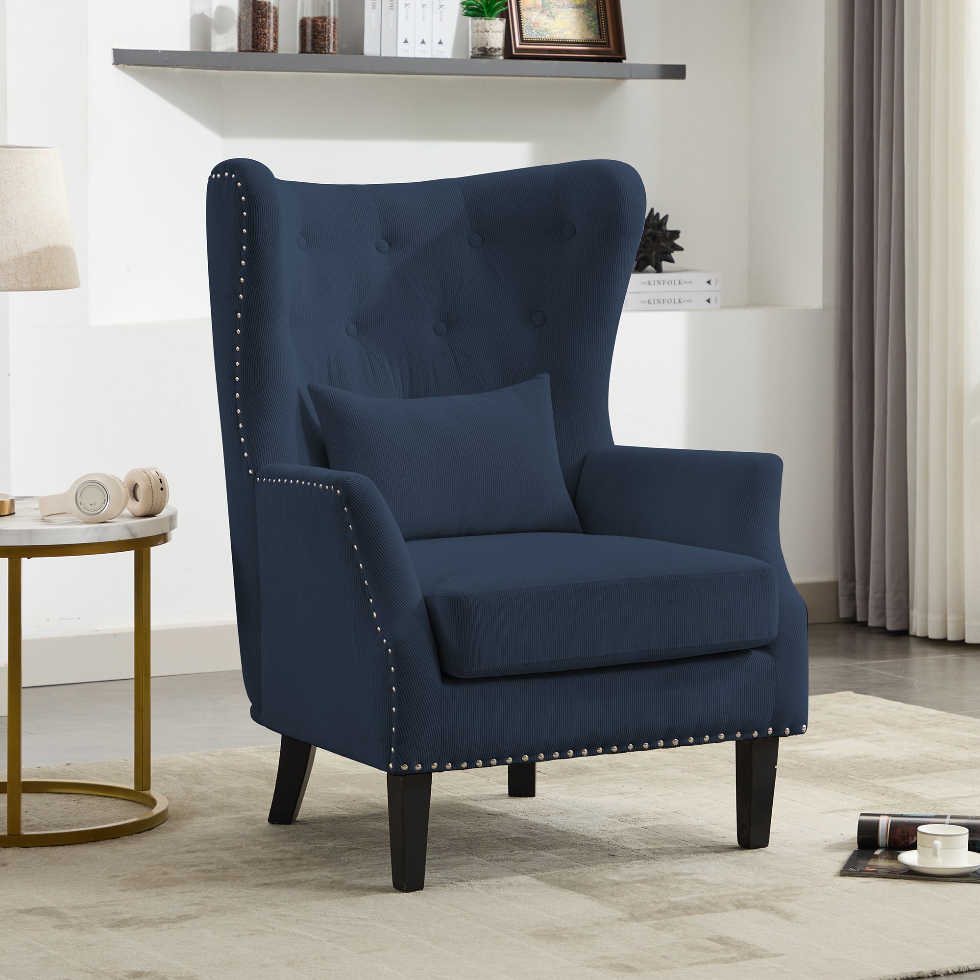 JEAREY JE-27-DR-2 Casual Deep Blue Corduroy Wingback Chair